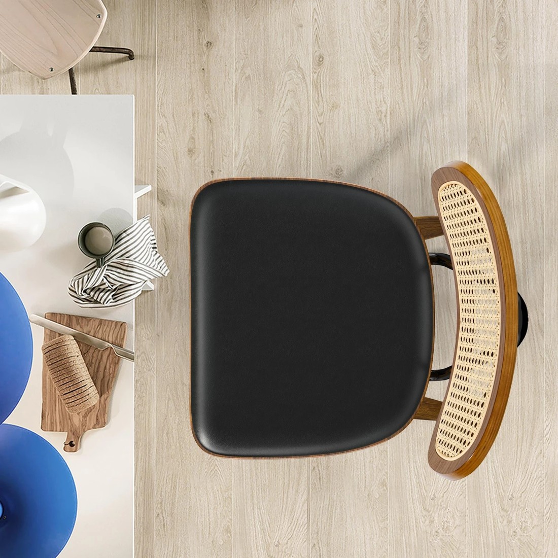 5 Alfordson 4x Bar Stools Kitchen Vintage Leather Seat Rattan Chair Wooden - Black, 5 of 9