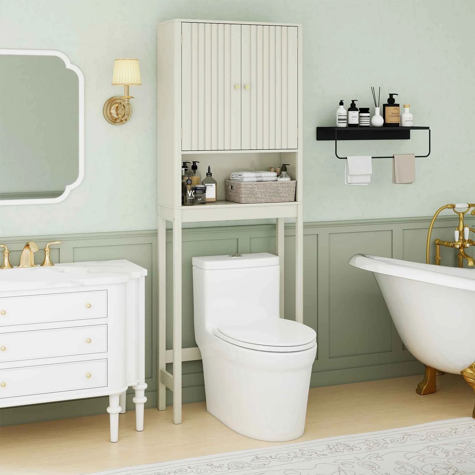 3 Costway Over The Toilet Bathroom Storage Cabinet Freestanding Rack w/Fluted Doors, 3 of 5