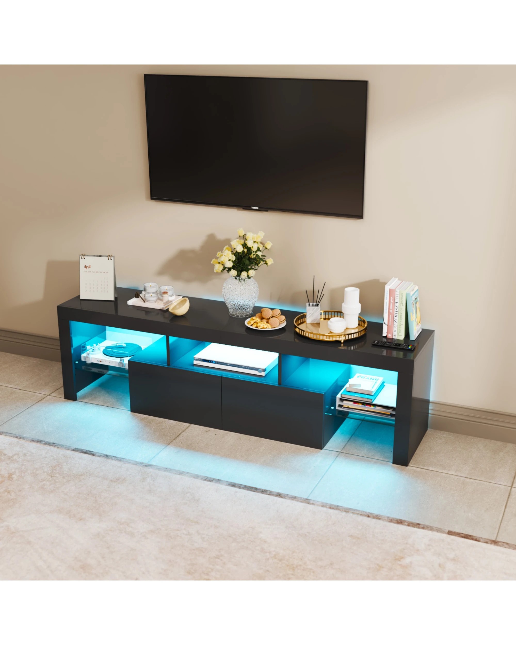 4 Advwin Tv Cabinet 160cm Rgb Led Entertainment Unit Stand Uv Gloss Modern Media Console Black, 4 of 8