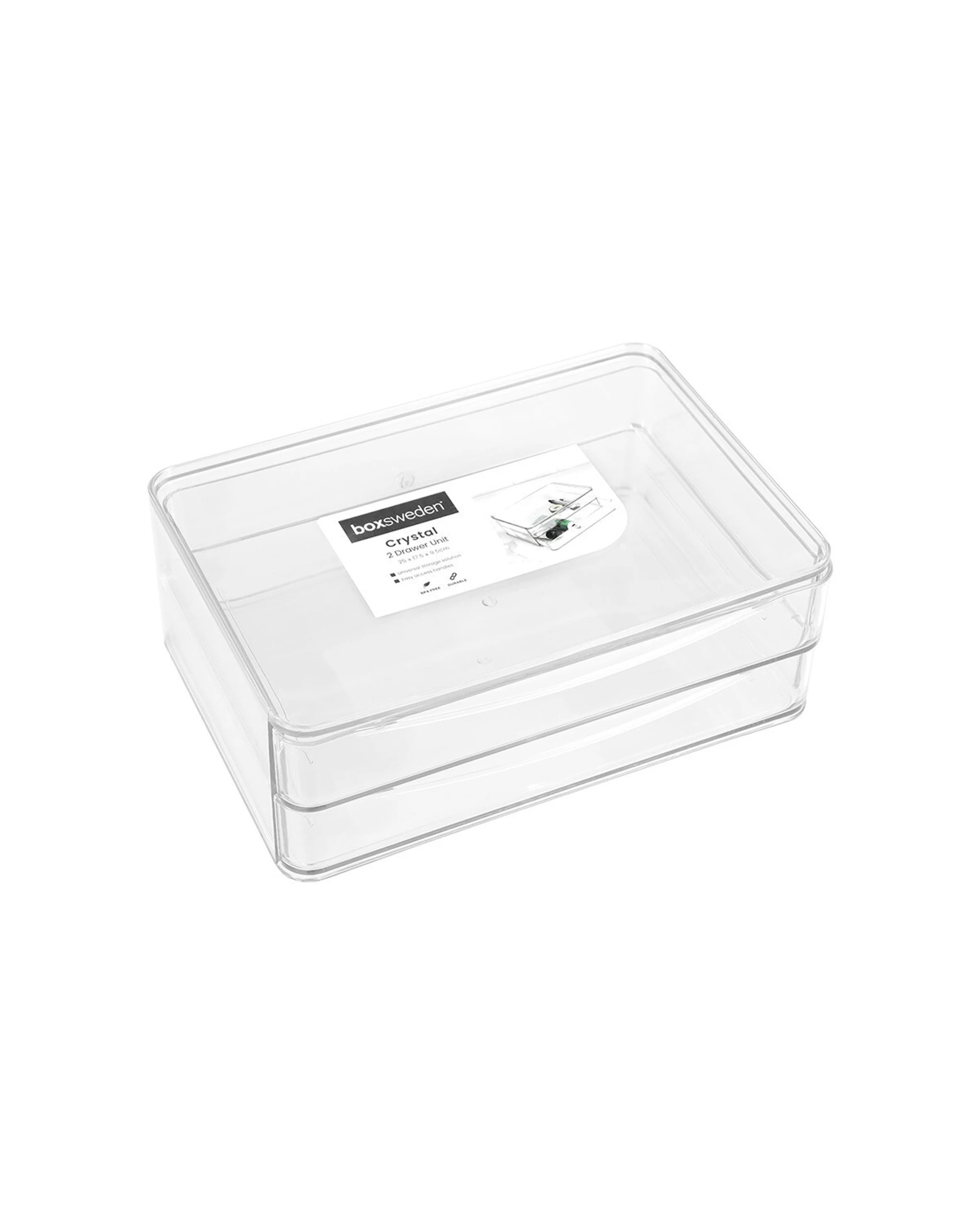 2 Boxsweden Crystal 2-Drawer Storage Unit Compact Durable Plastic Organiser 25x9.5cm - Clear, 2 of 5