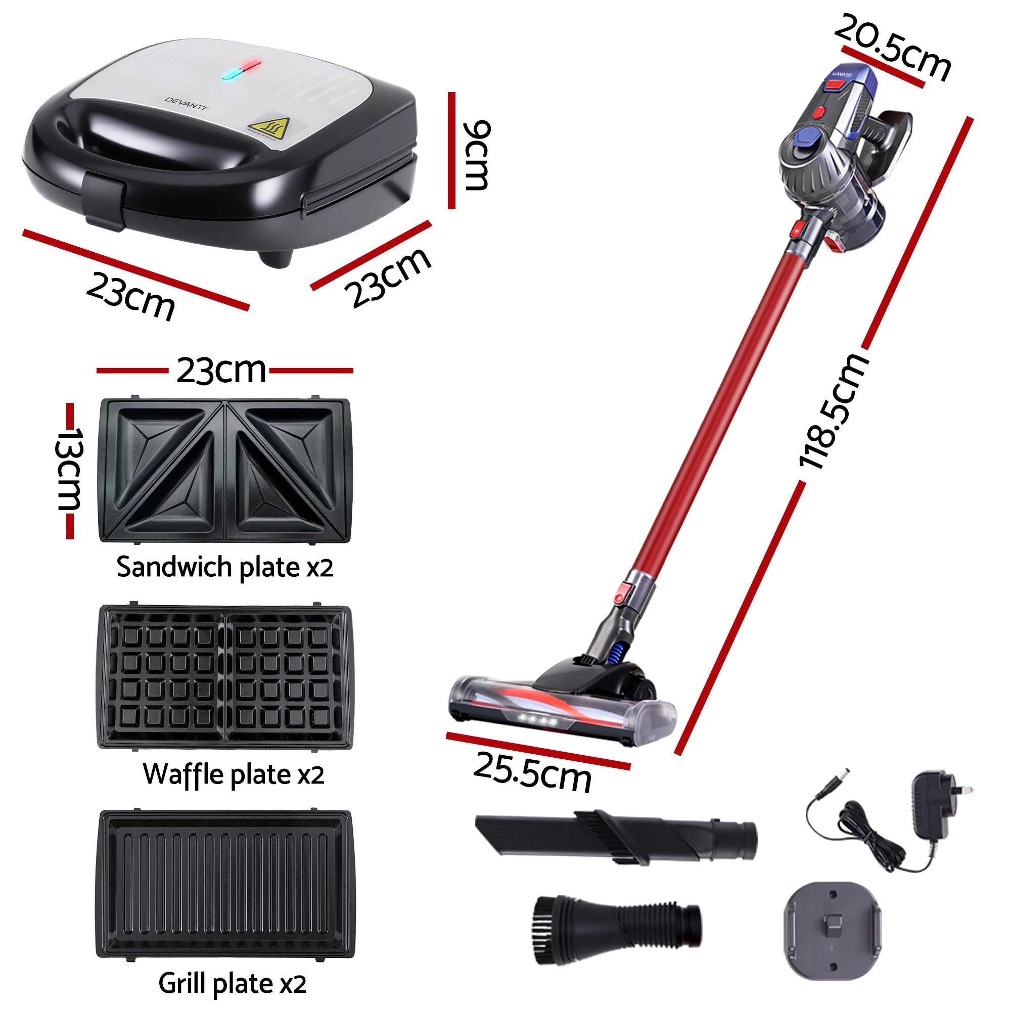 4 Devanti K7 Cordless Stick Vacuum Cleaner plus 3-in-1 Sandwich Maker - Multi, 4 of 9