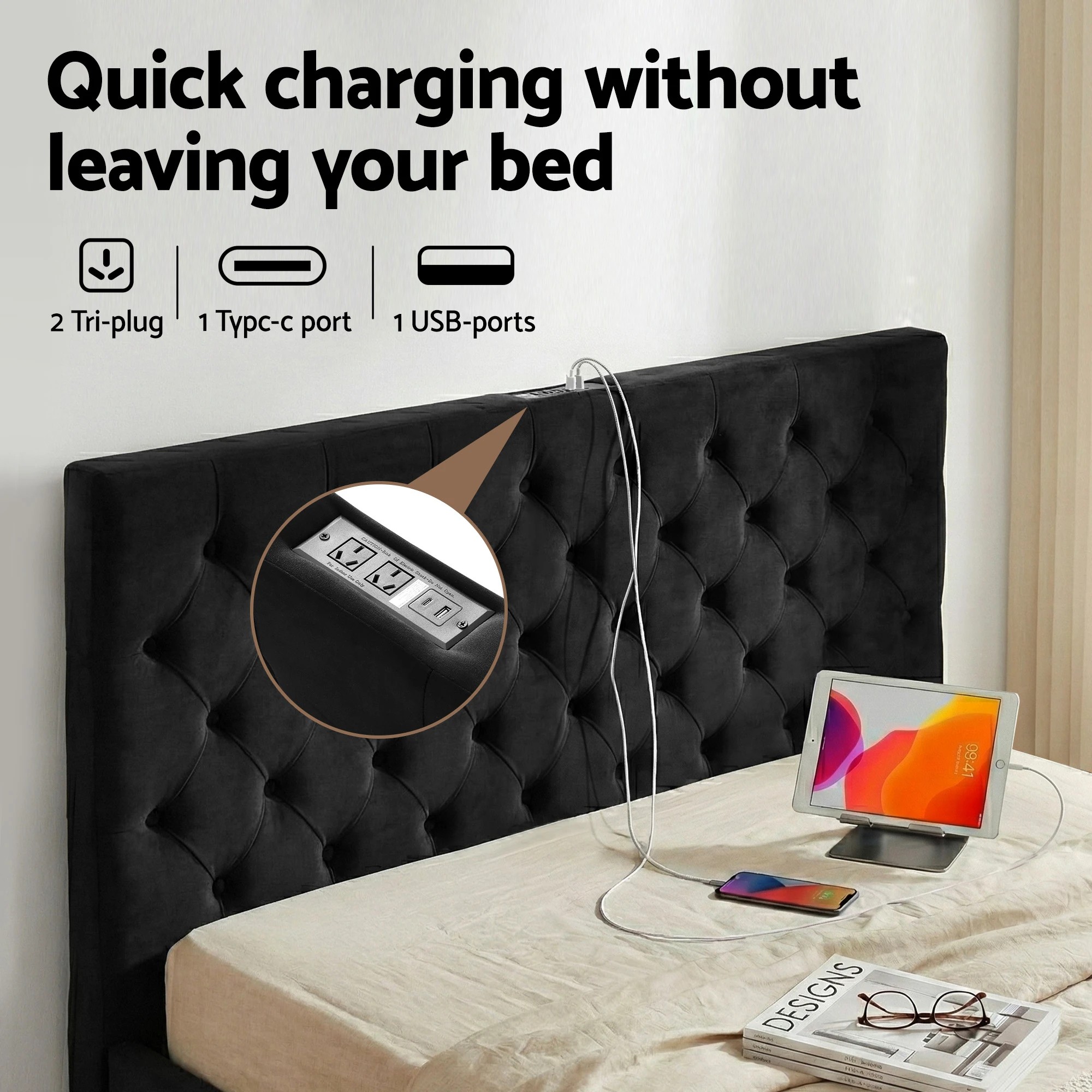 2 Artiss Queen Bed Frame Storage Charging Station Upholste 3 Drawers USB - Black, 2 of 6