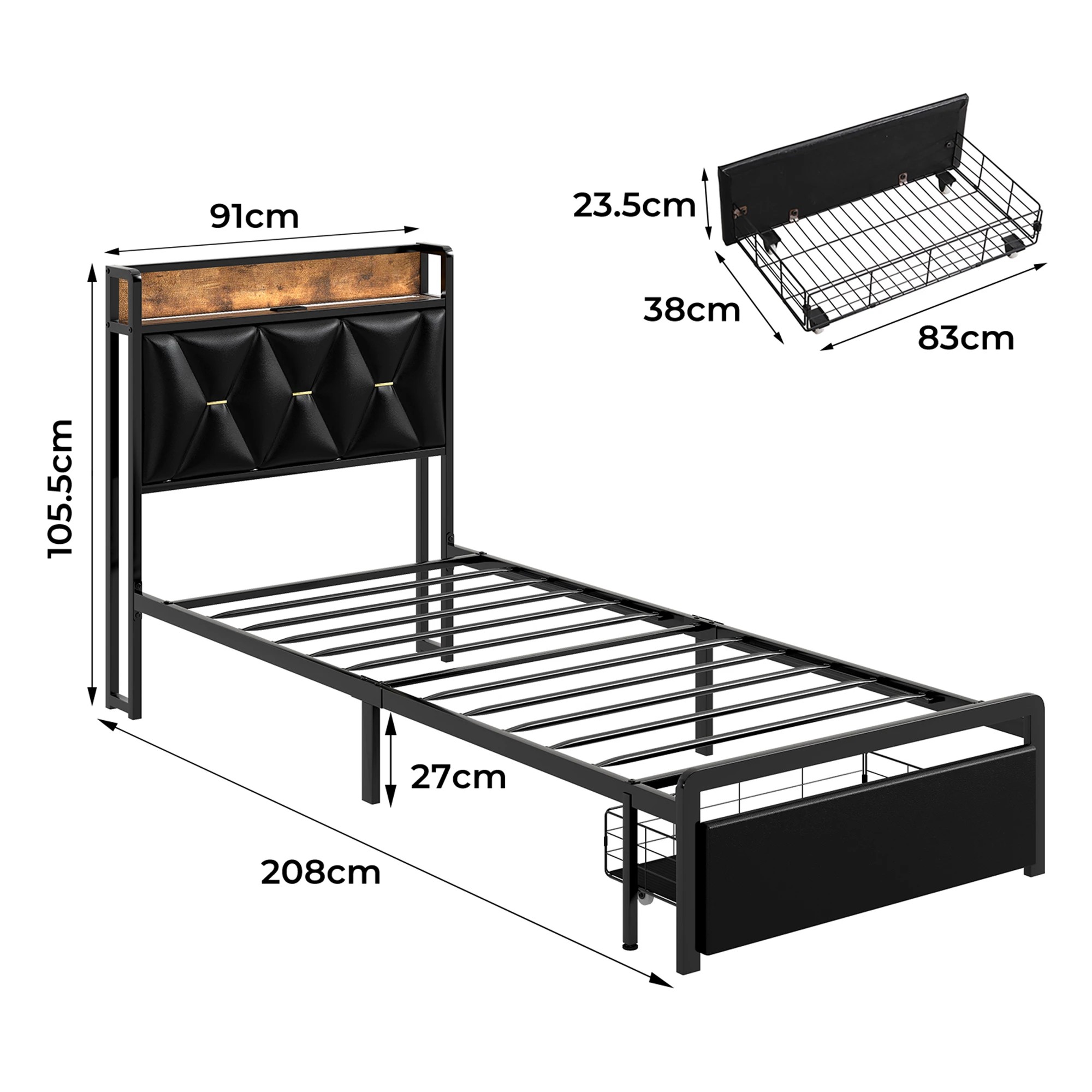 3 Levede Single Bed Frame PU with LED and Charging Station - Black, 3 of 9