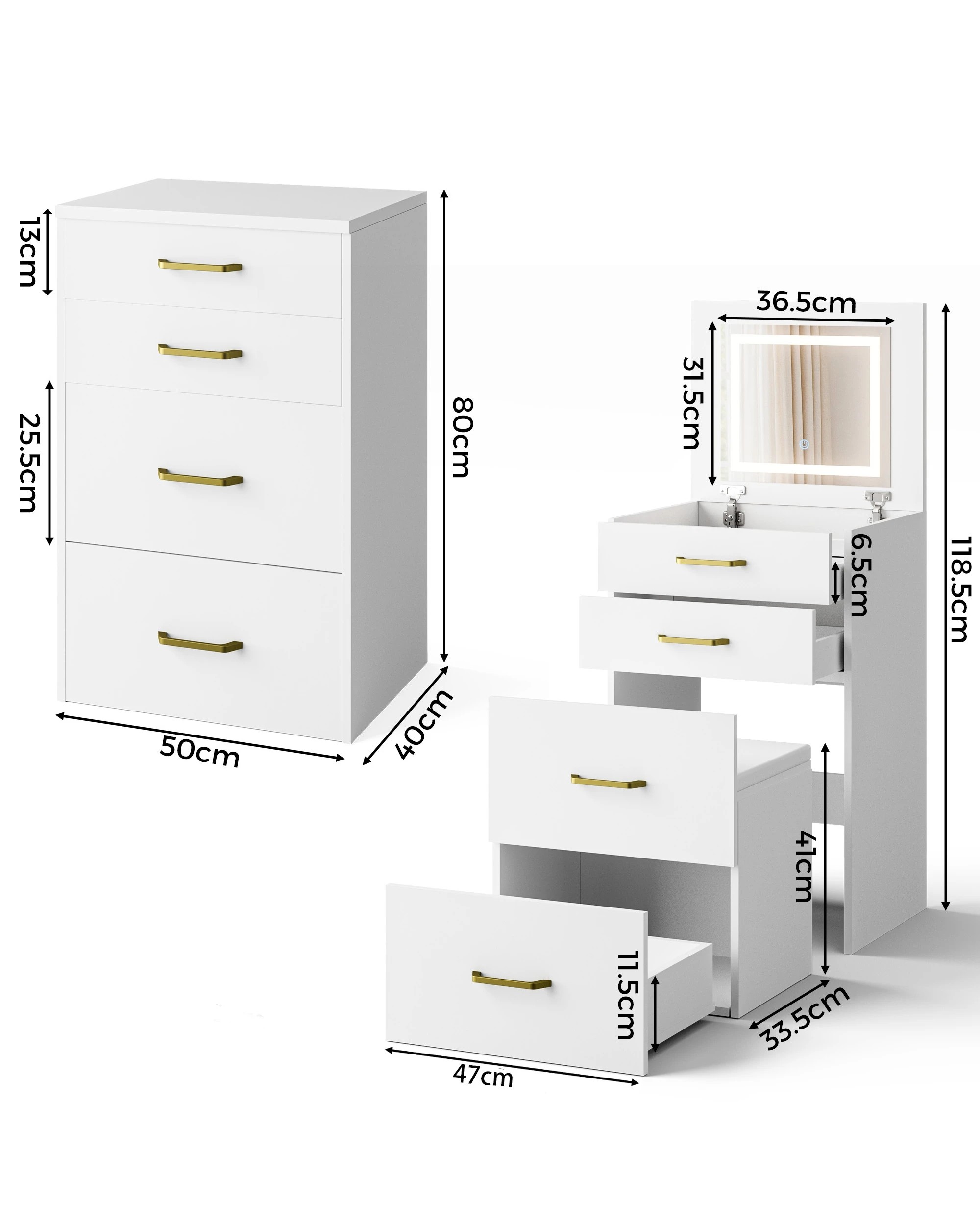 3 Advwin Dressing Table Stool Set with Flip-up Mirror - White, 3 of 10