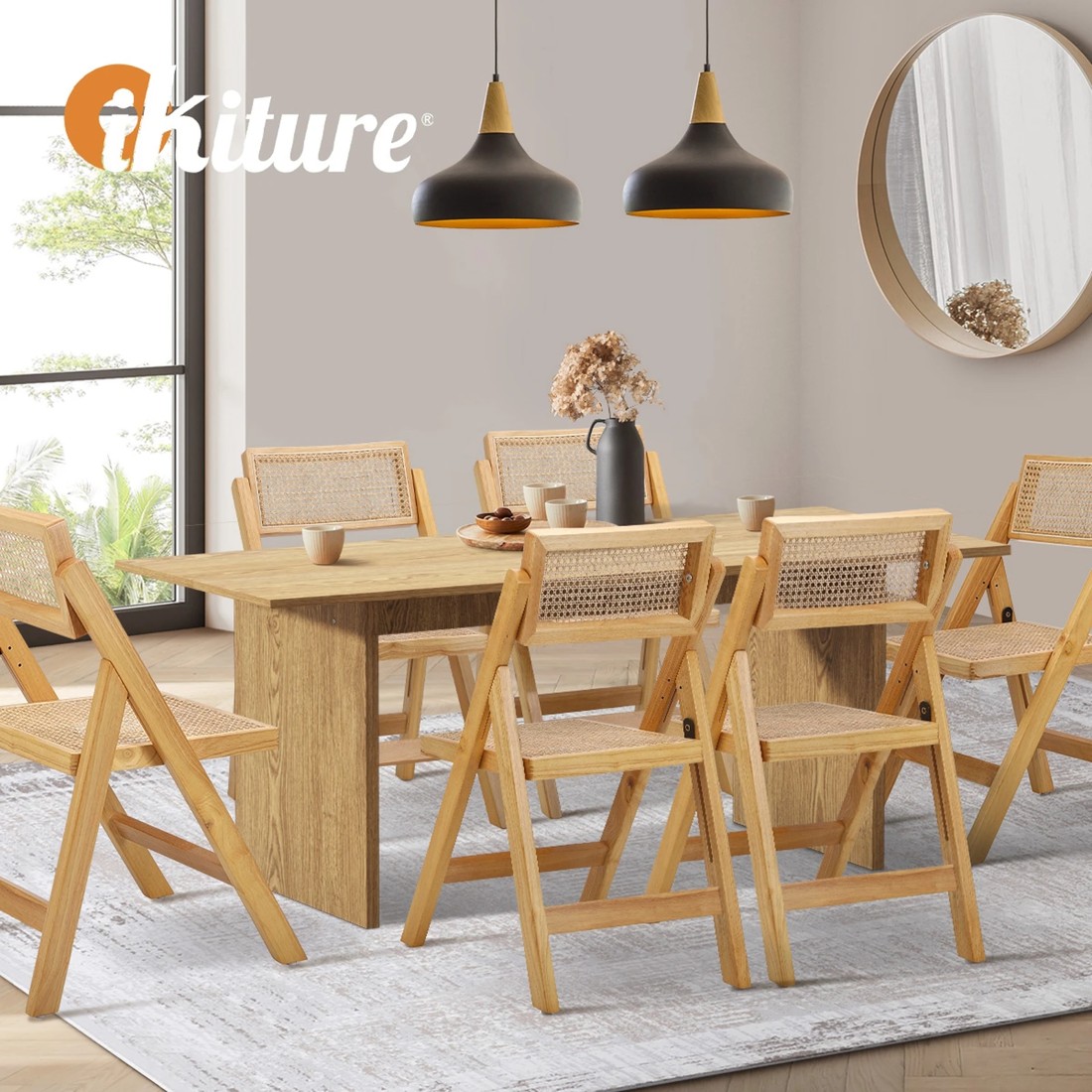 5 Oikiture 180cm Rectangular Dining Table With 6pcs Dining Chairs Foldable
 - Natural, 5 of 10