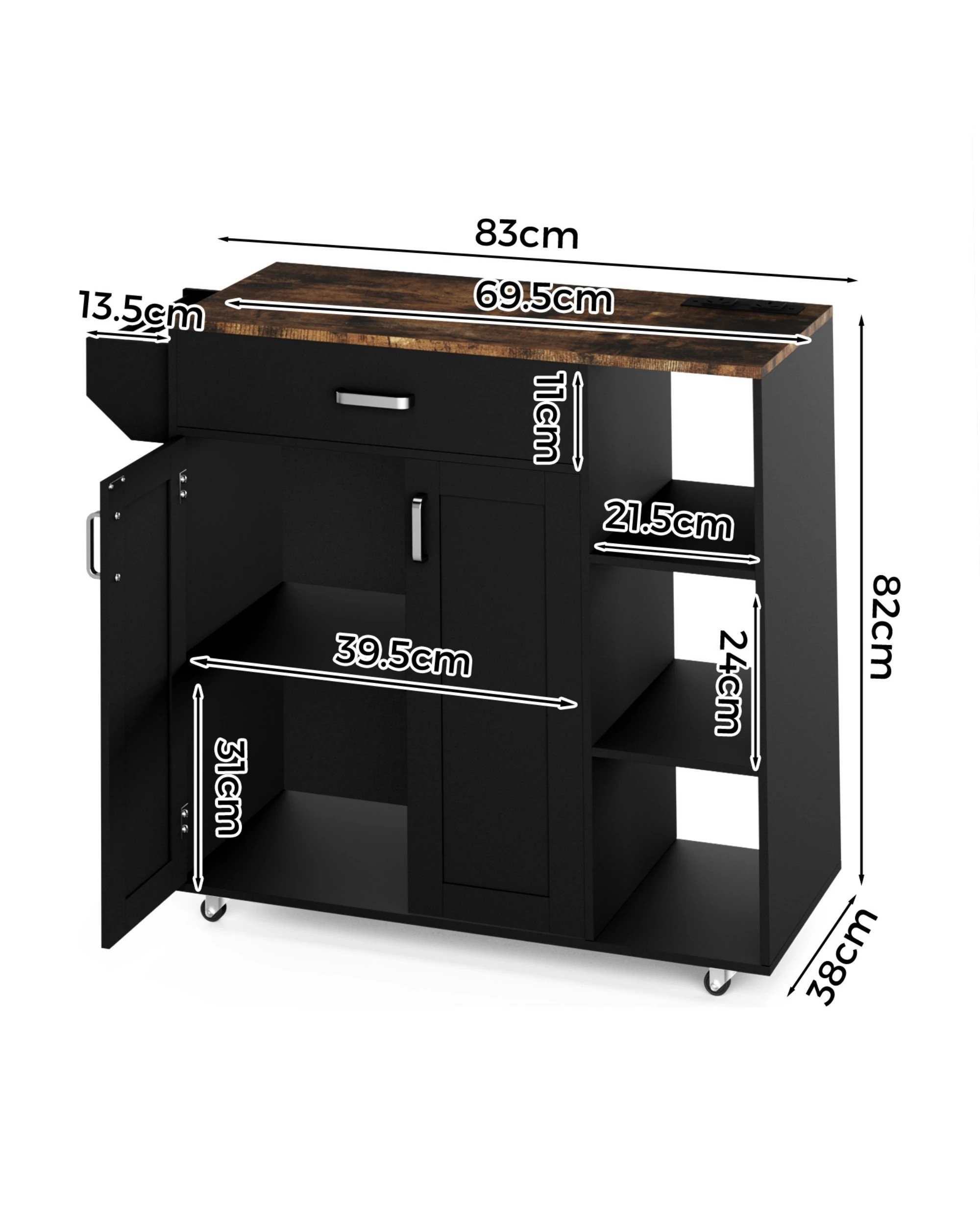 2 Advwin Kitchen Island Cart Rolling Trolley Cabinet on Wheels with Charging Station Adjustable Shelves Spice Rack - Black, 2 of 8