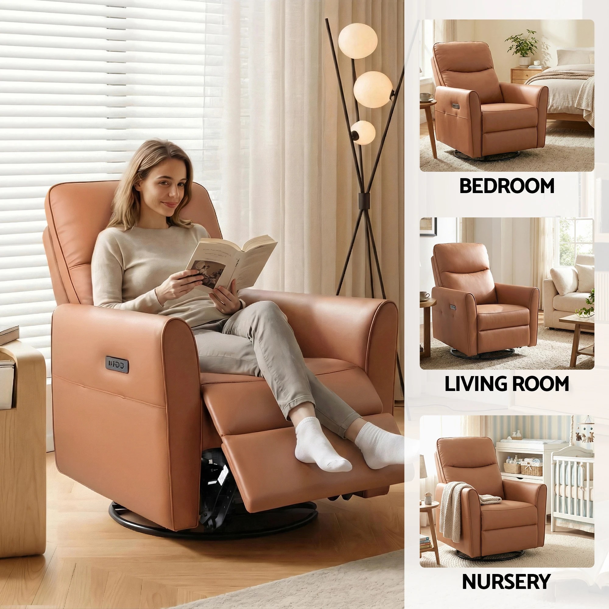 6 Artiss Swivel Recliner Chair Leather Rocking Reclining Sofa​ with Charging Ports - Brown, 6 of 6