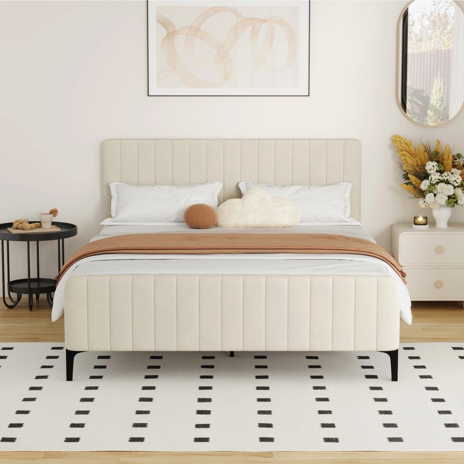 3 Oikiture Queen Bed Frame Beds Platform Velvet
 - Beige, 3 of 10