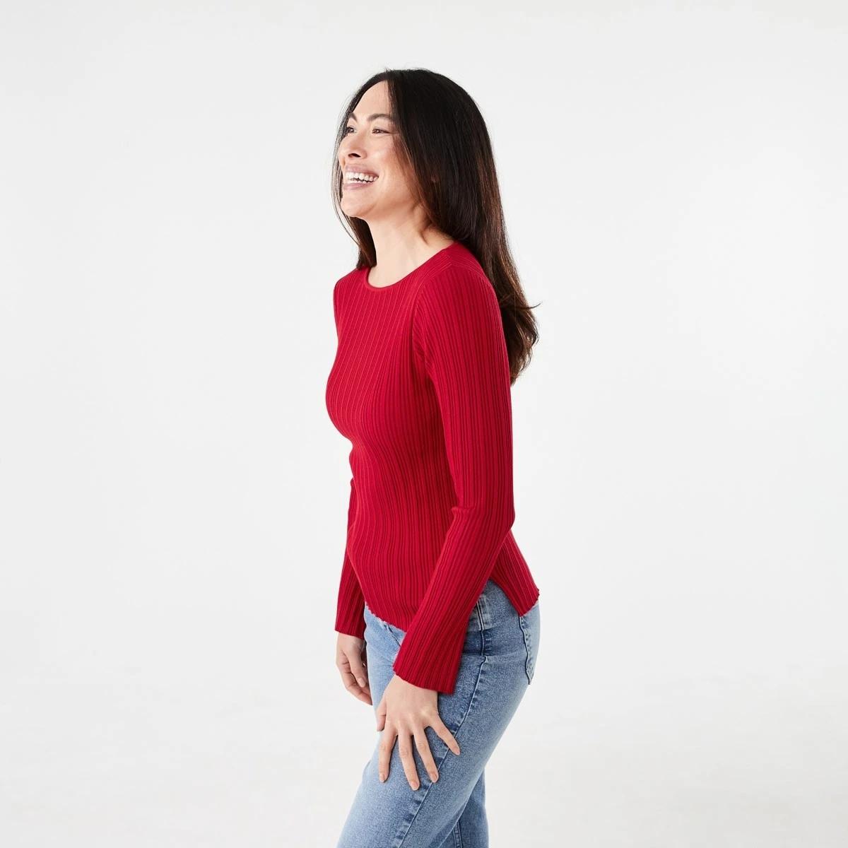 2 Long Sleeve Rib Boat Neck Top Cherry Red, 2 of 6