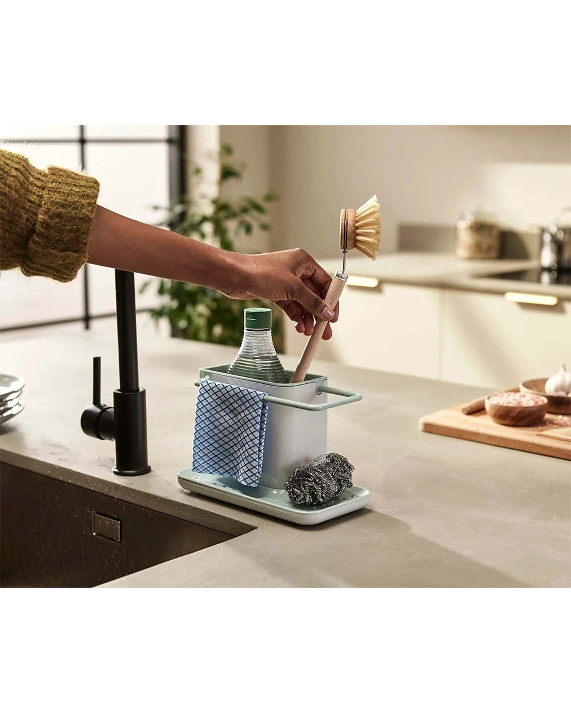 2 Joseph Joseph Kitchen Sink Organiser Caddy With Rail And Reservoir Light Stone Sage - Multi, 2 of 4