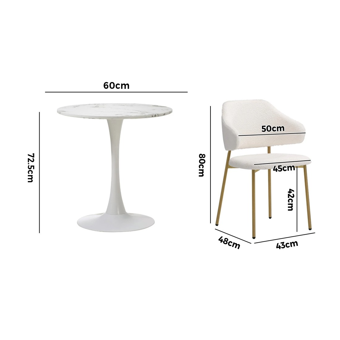 9 Oikiture 60cm Round Dining Table With 2x Sherpa Dining Chairs Gold Metal Leg
 - White, 9 of 10