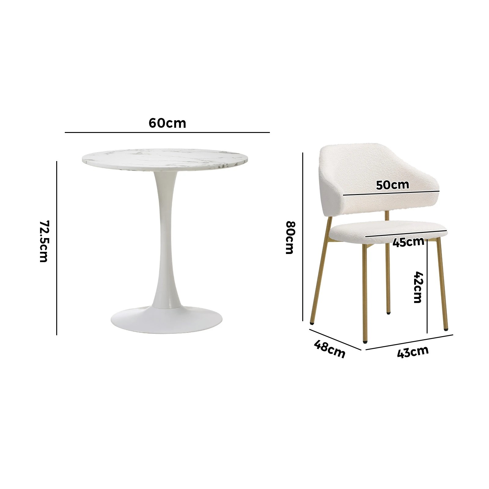 9 Oikiture 60cm Round Dining Table With 2x Sherpa Dining Chairs Gold Metal Leg
 - White, 9 of 10
