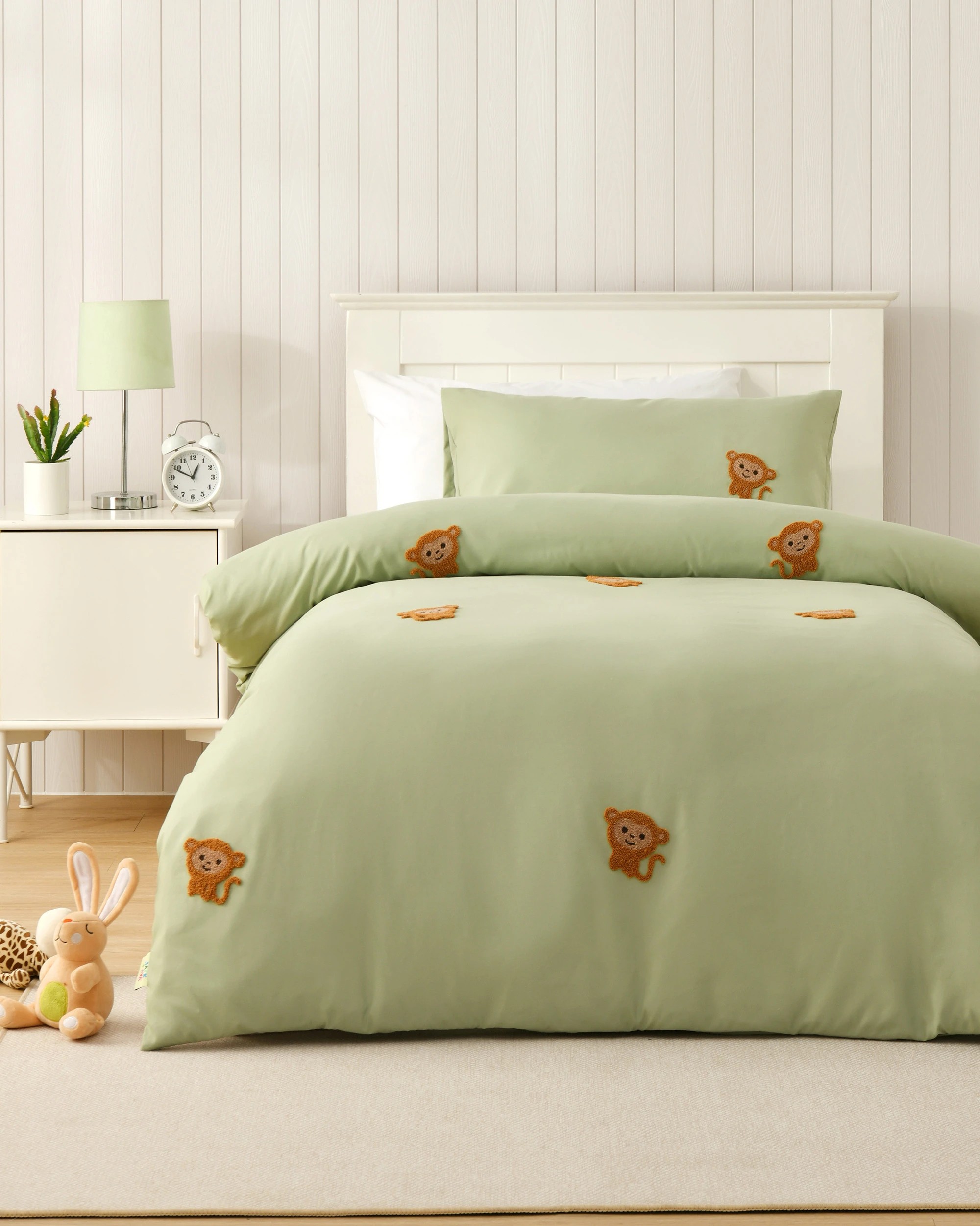 1 Jack & Ava Bongo the Monkey Embroidered Kids Quilt Cover Set - Double Bed - Green, 1 of 7