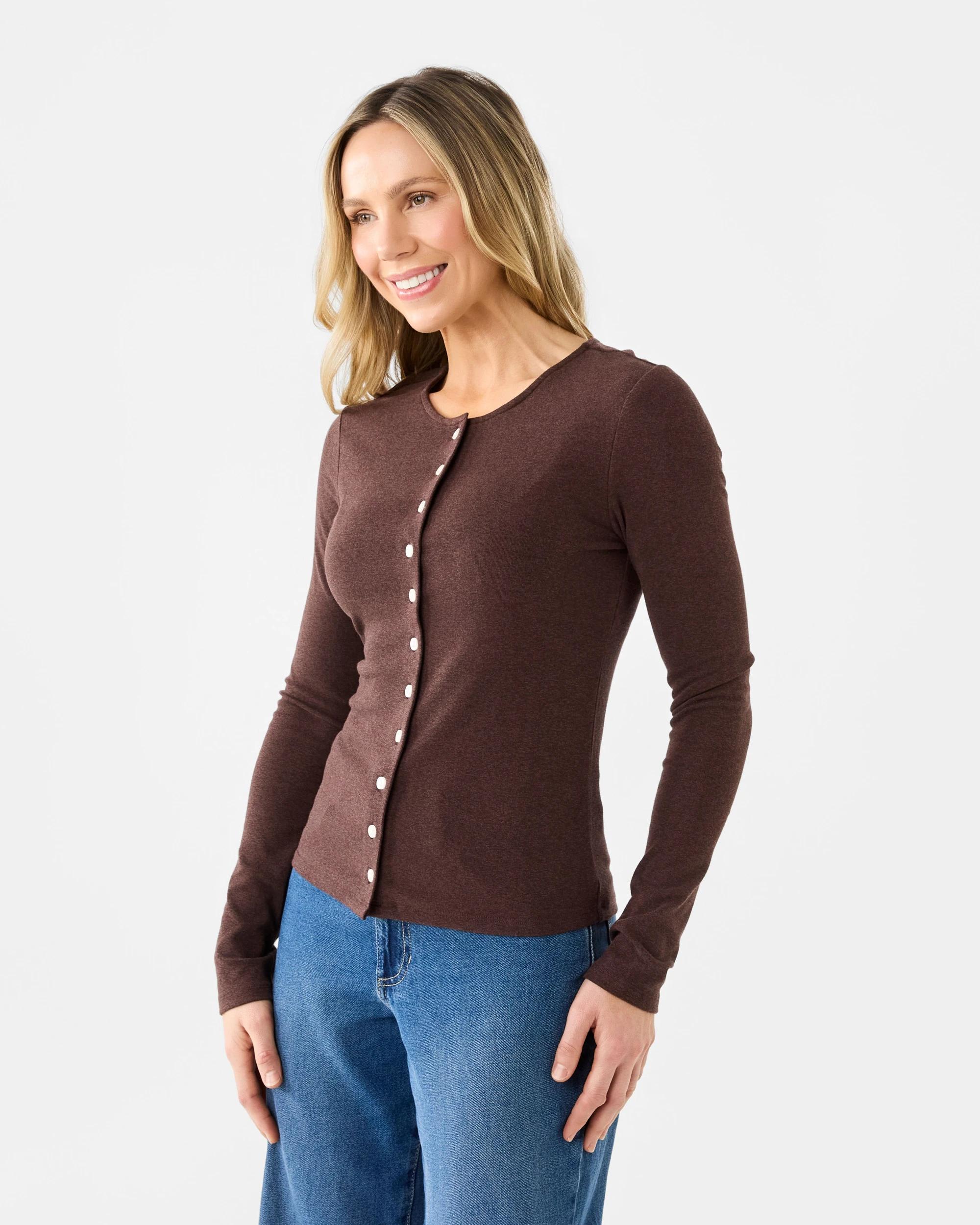 2 Long Sleeve Ribbed Cardigan Espresso, 2 of 5