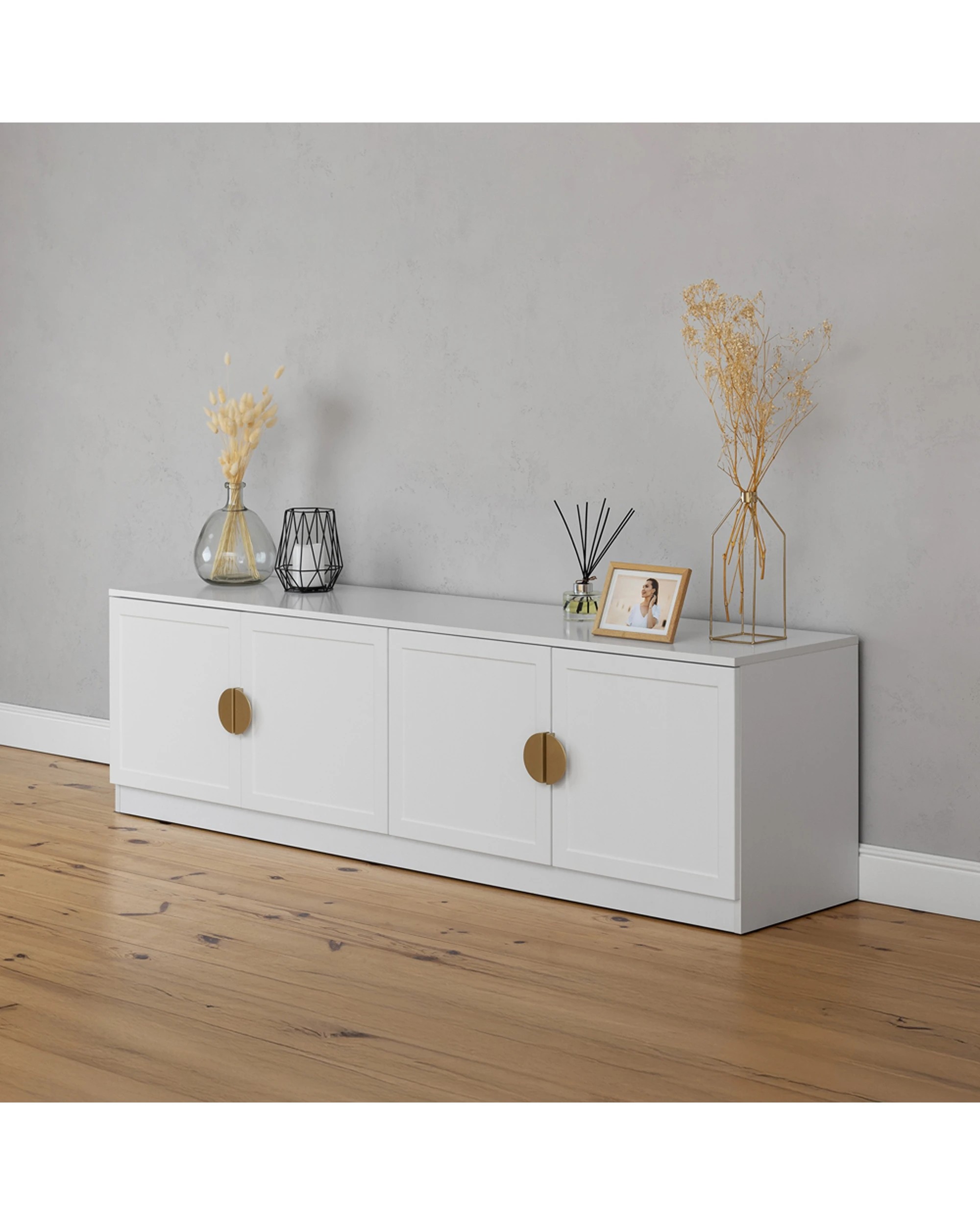 4 European Cabinetry Bucharest Hamptons Panel TV Unit Brass Half Moon Handle - White, 4 of 4