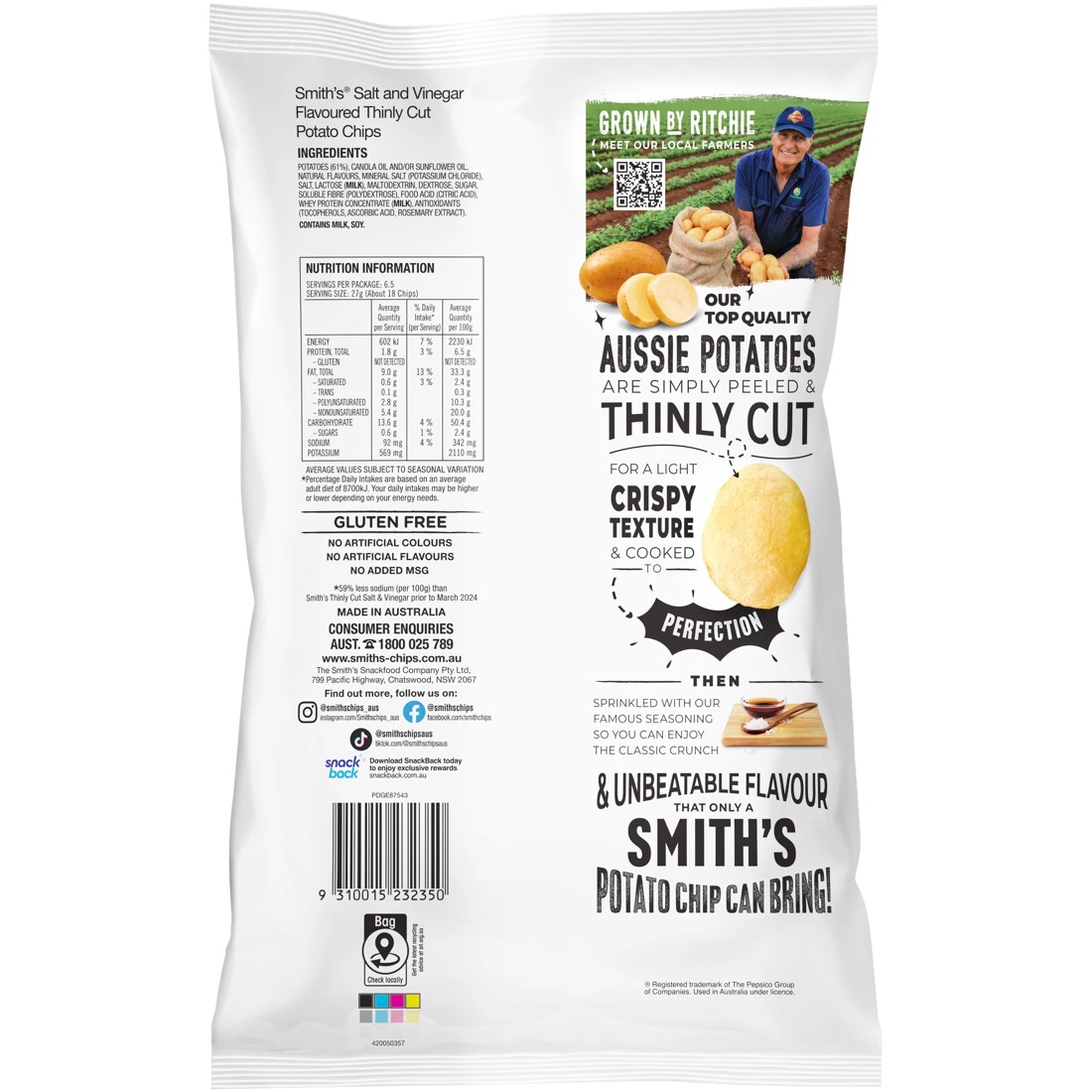 2 Smith's Thinly Cut Salt & Vinegar Potato Chips 175g, 2 of 2