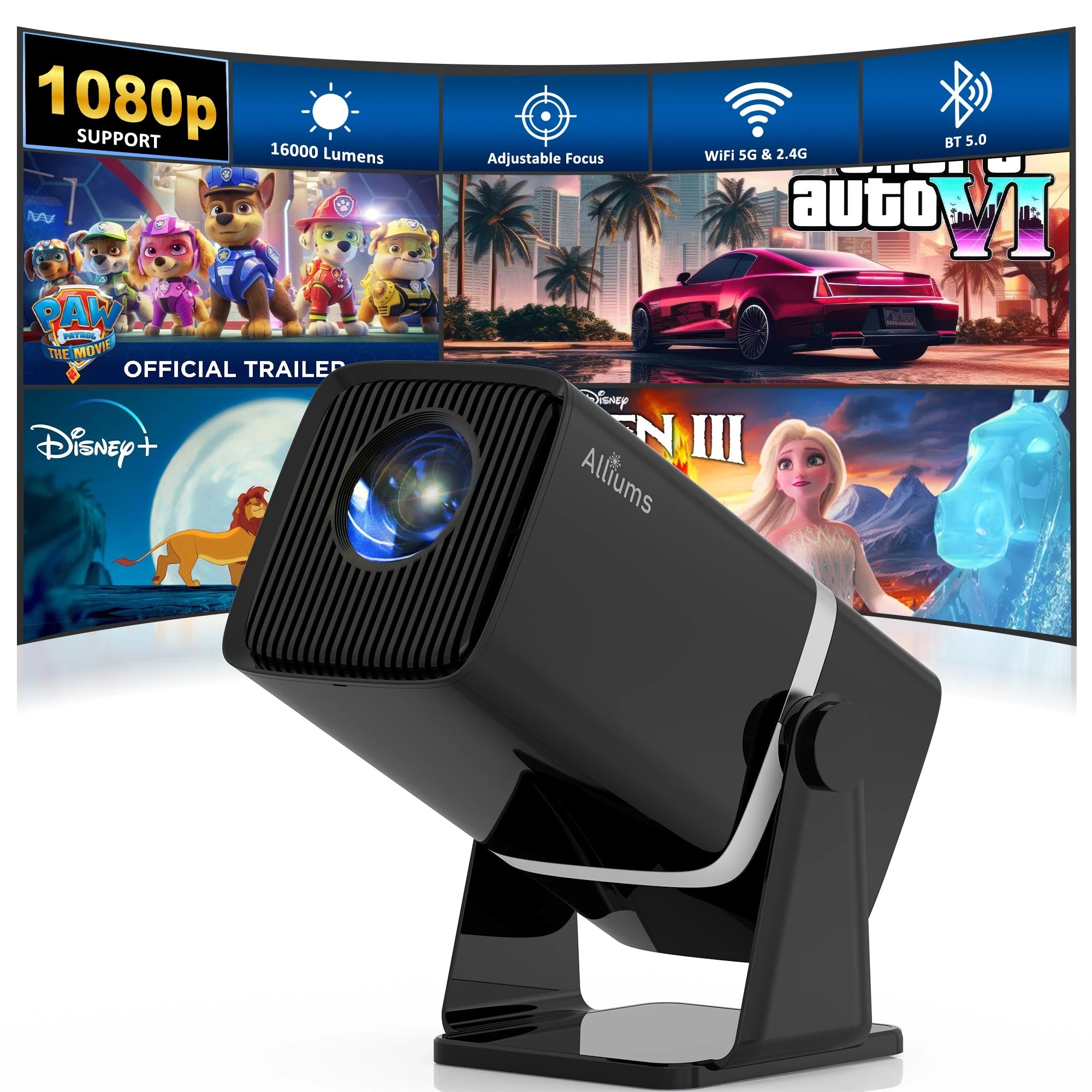 1 Alliums Mini Projector with 5G WiFi, 1080P Supported, PS5 & Phone Compatible - Black, 1 of 5
