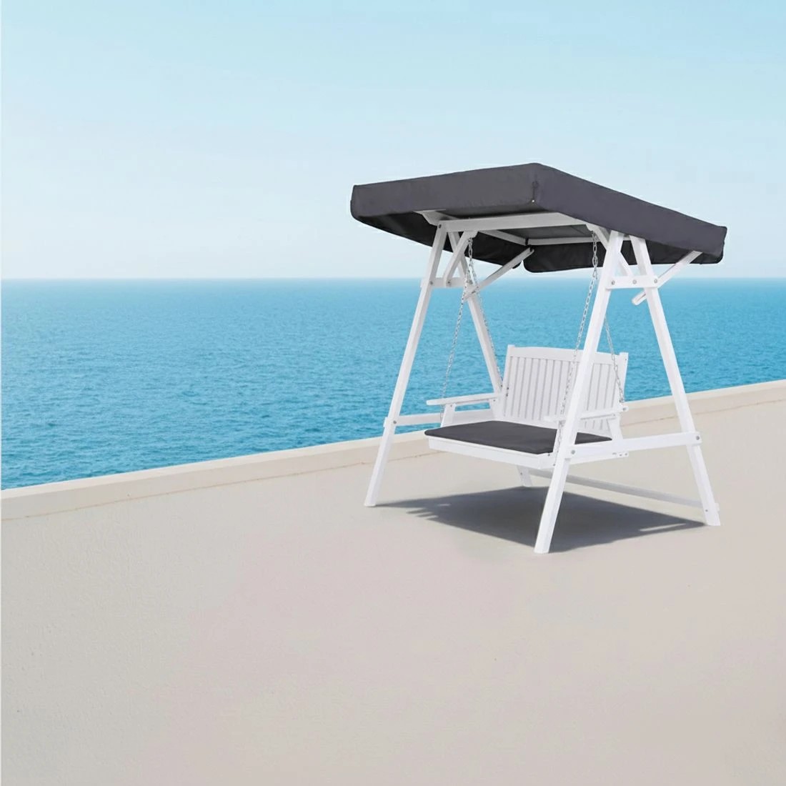 5 Gardeon Outdoor Wooden Swing Chair Garden Bench Canopy Cushion 3 Seater - White, 5 of 7