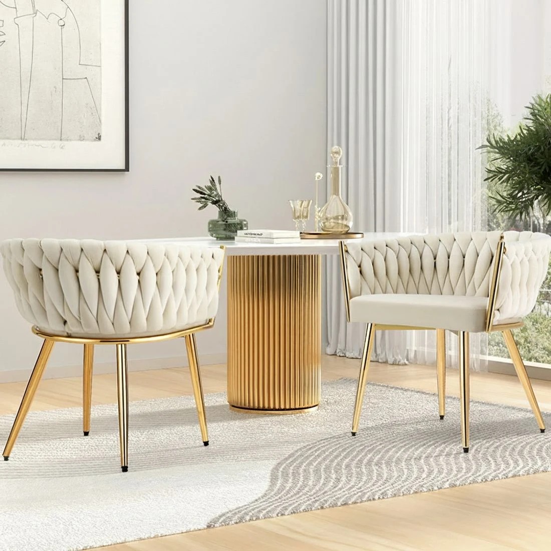 3 Artiss Dining Chair Velvet Weaving Armchair Vanity Chairs - Natural, 3 of 5