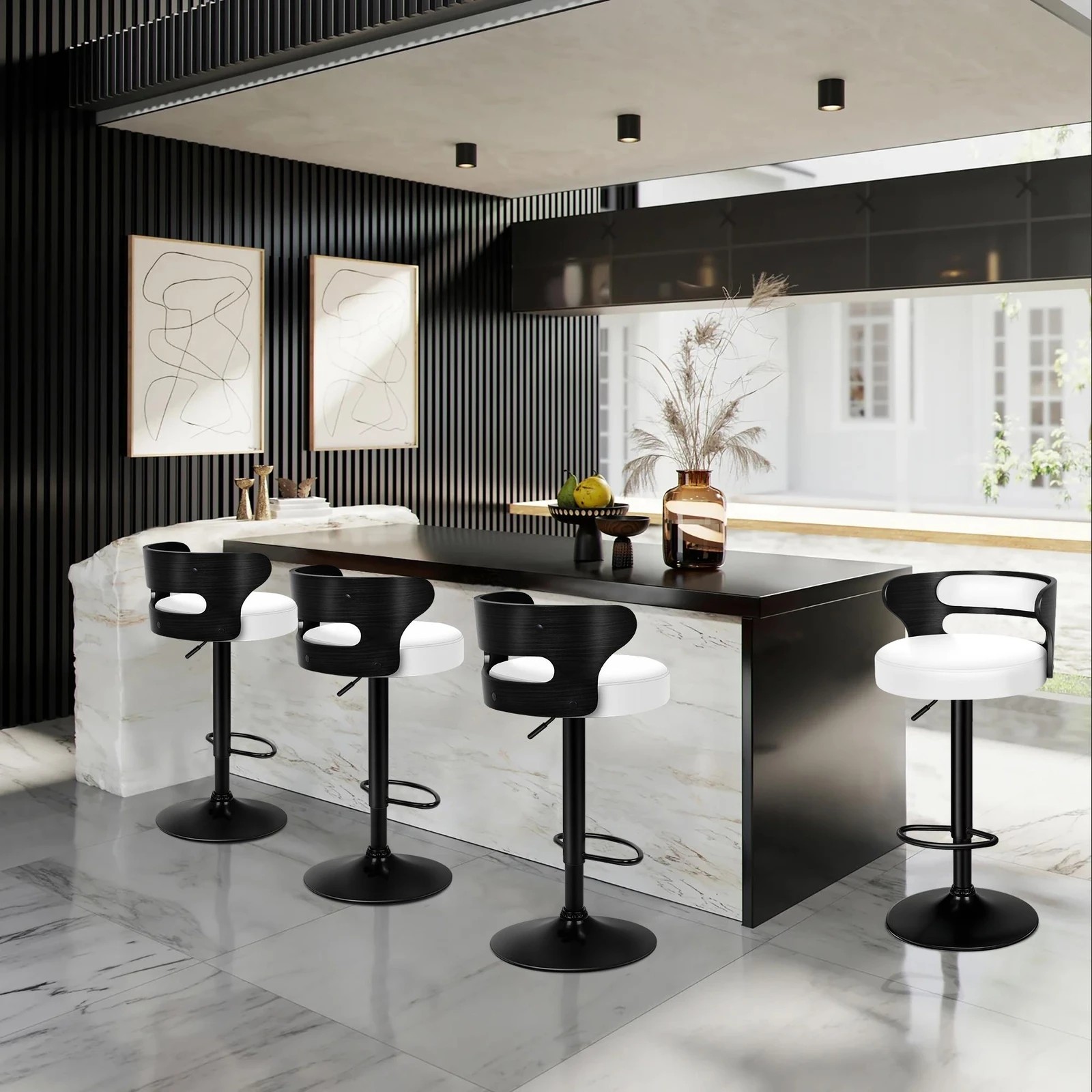 2 Alfordson 4x Bar Stool Kitchen Swivel Chair Wooden Leather Gas Lift - White, 2 of 9