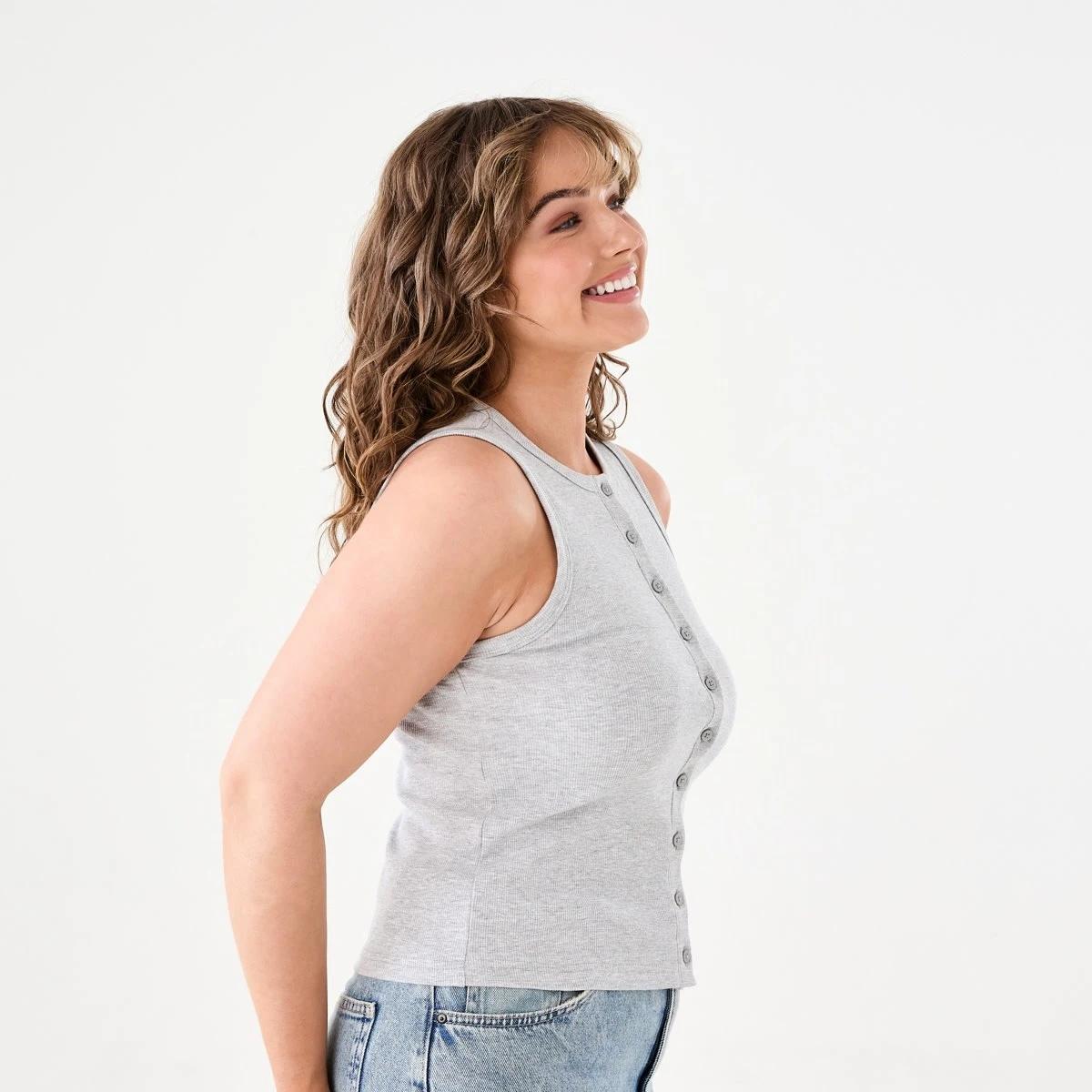 2 Sleeveless Rib Button Tank SILVER MARLE, 2 of 5