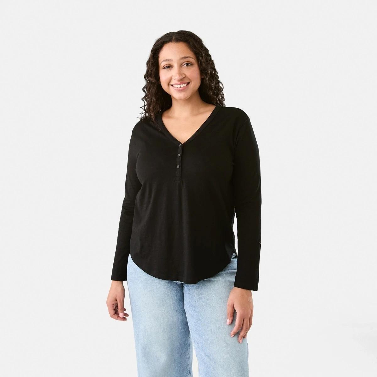 1 Long Sleeve Textured Button Front Top Black, 1 of 9