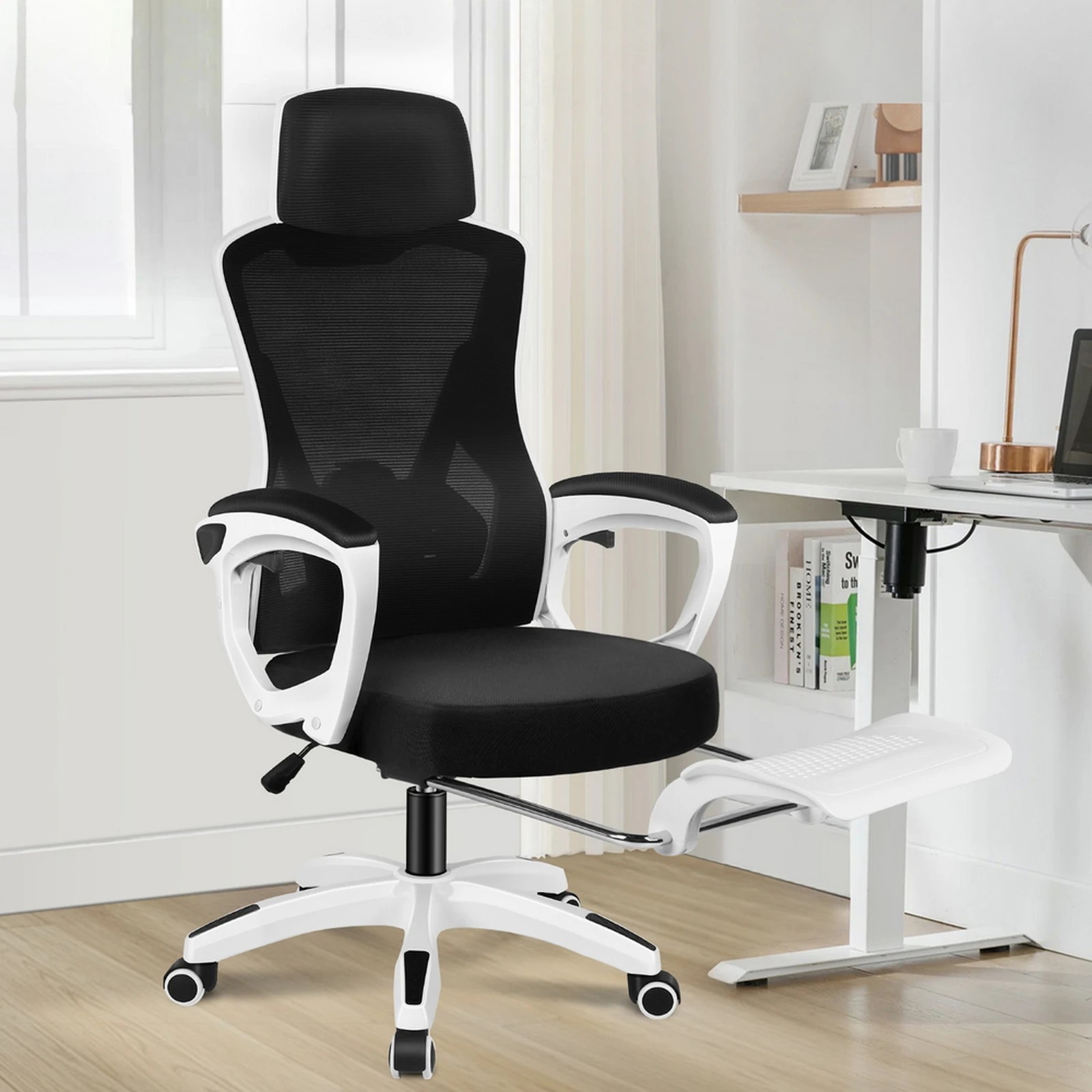 10 Alfordson Mesh Office Chair Executive Computer Recliner Fabric Racing Seat Work - White Black, 10 of 10