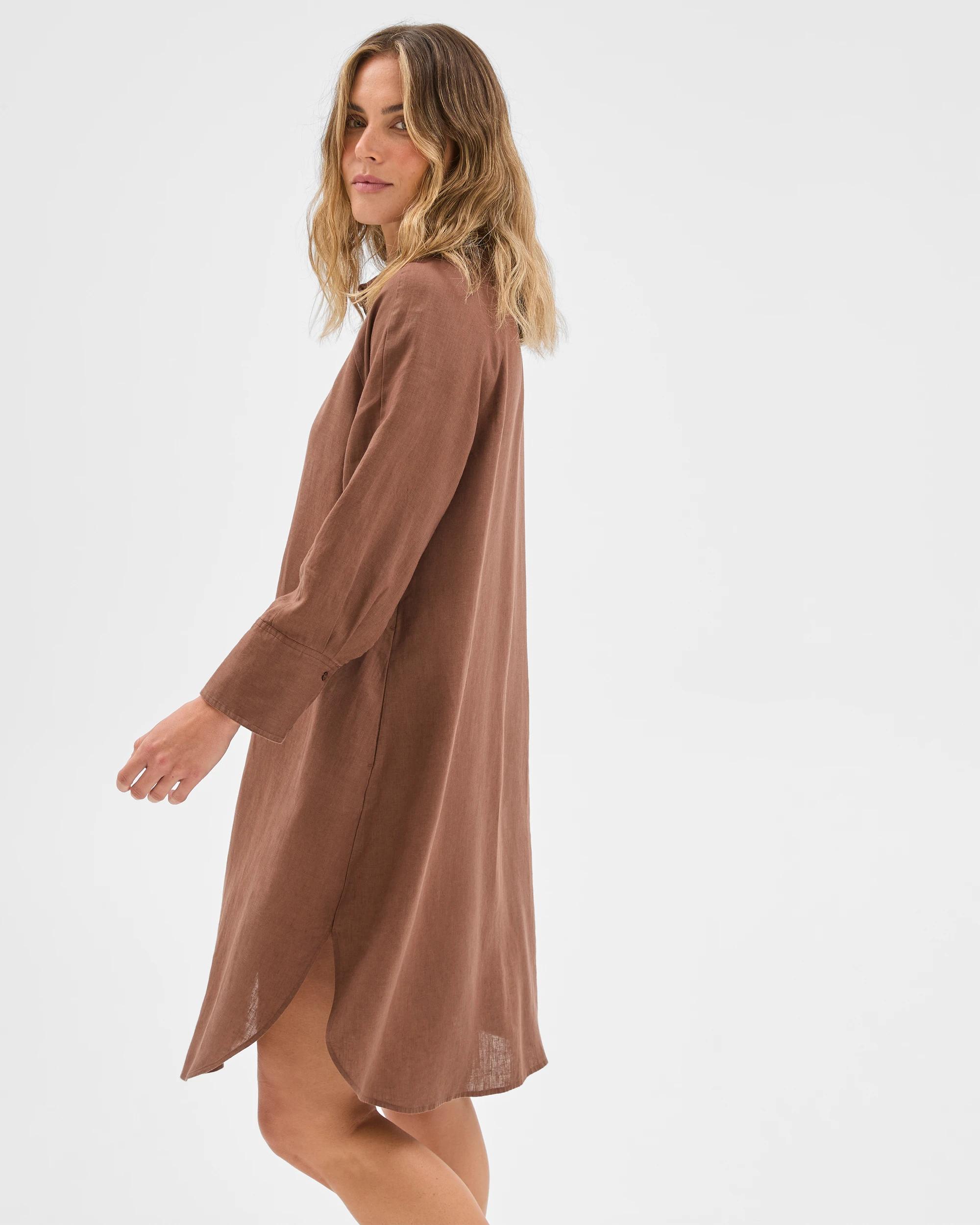4 Target Woman European Linen 3/4 Sleeve Midi Shirt Dress WARM BROWN, 4 of 6