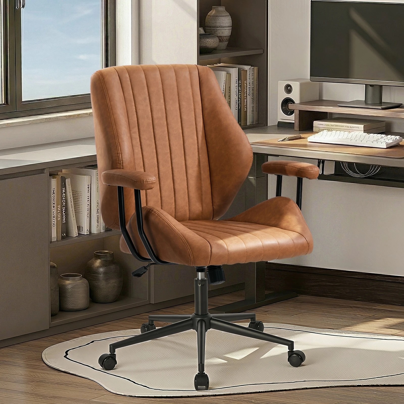 3 Oikiture Office Chair Mid Back Swivel Gaming Desk Chair with Padded Arms - Brown, 3 of 5