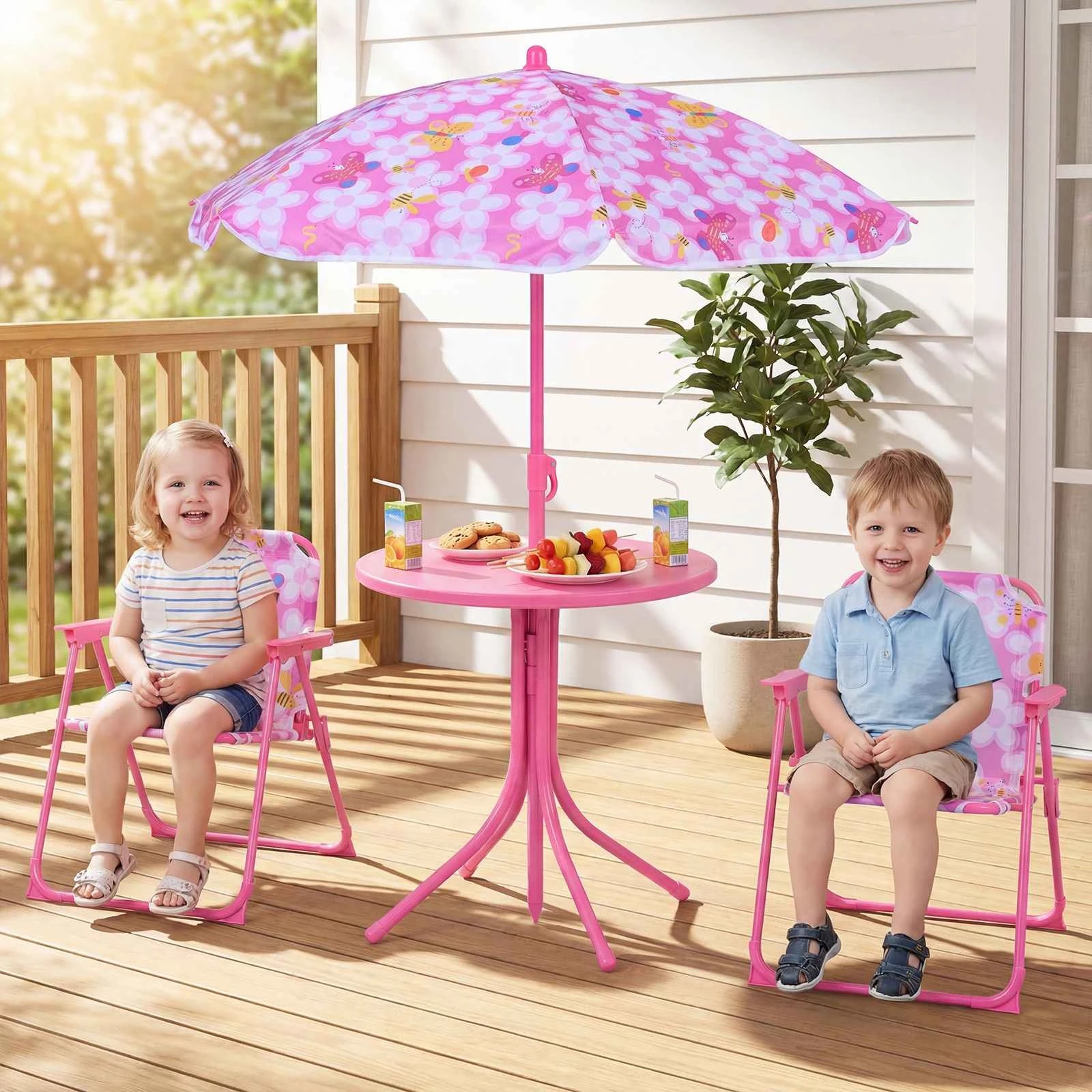 3 Costway Picnic Table Outdoor Table Folding Chairs Set w/Adjustable Umbrella Flower Theme - Pink, 3 of 3
