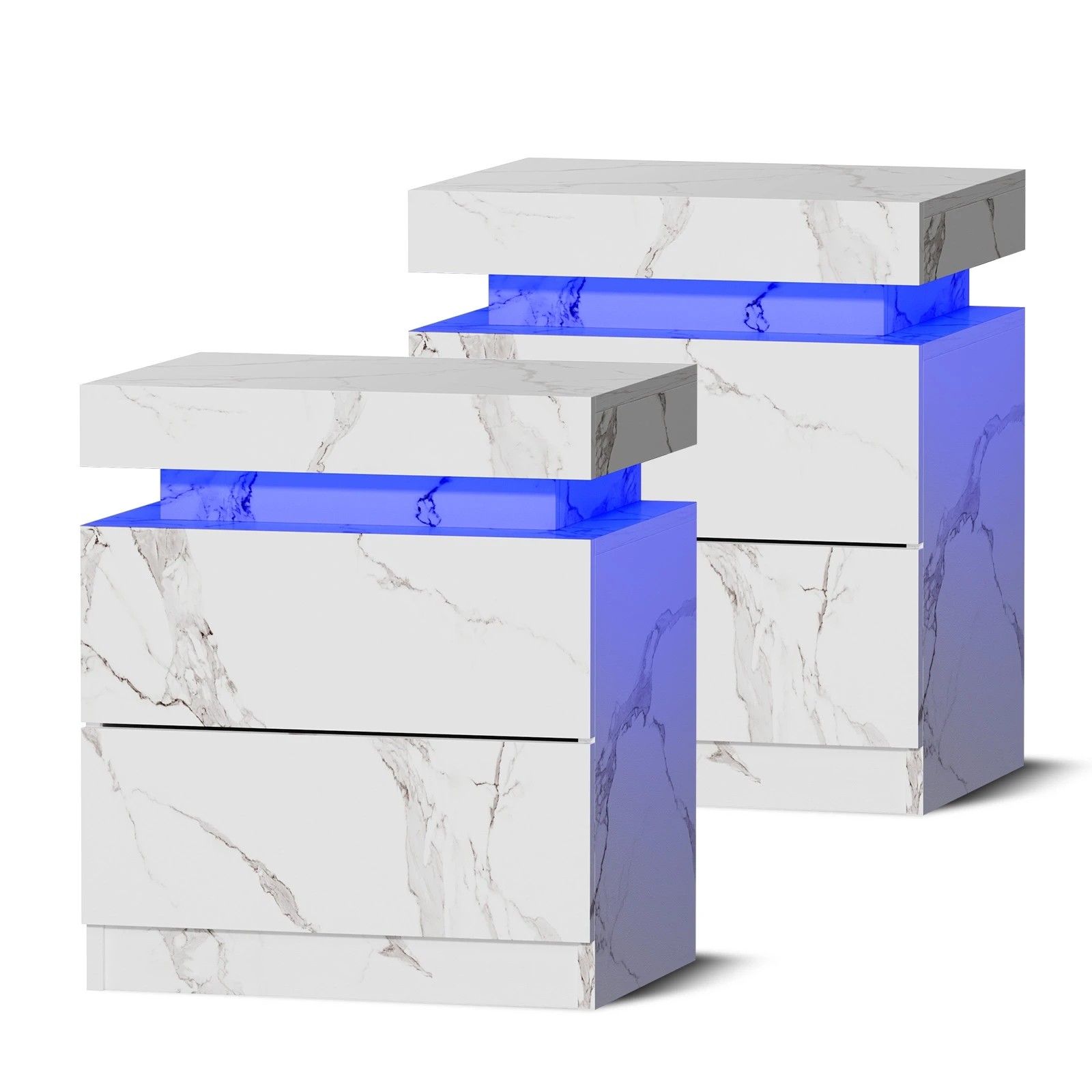 1 Oikiture 2x Bedside Table 2 Drawers LED Nightstand Marble Effect - White, 1 of 7