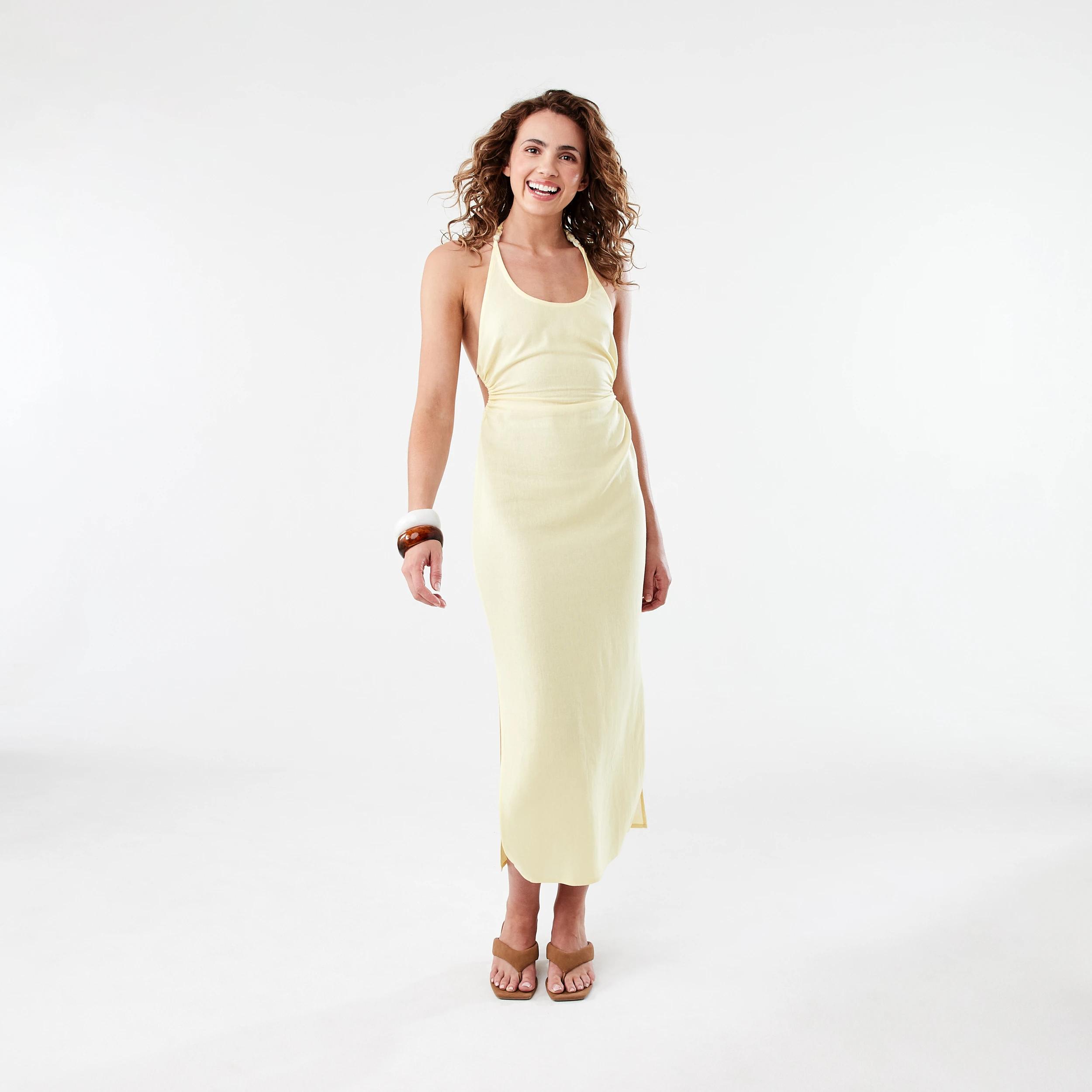 1 Linen Blend Cut Out Maxi Dress Fln Yellow, 1 of 9