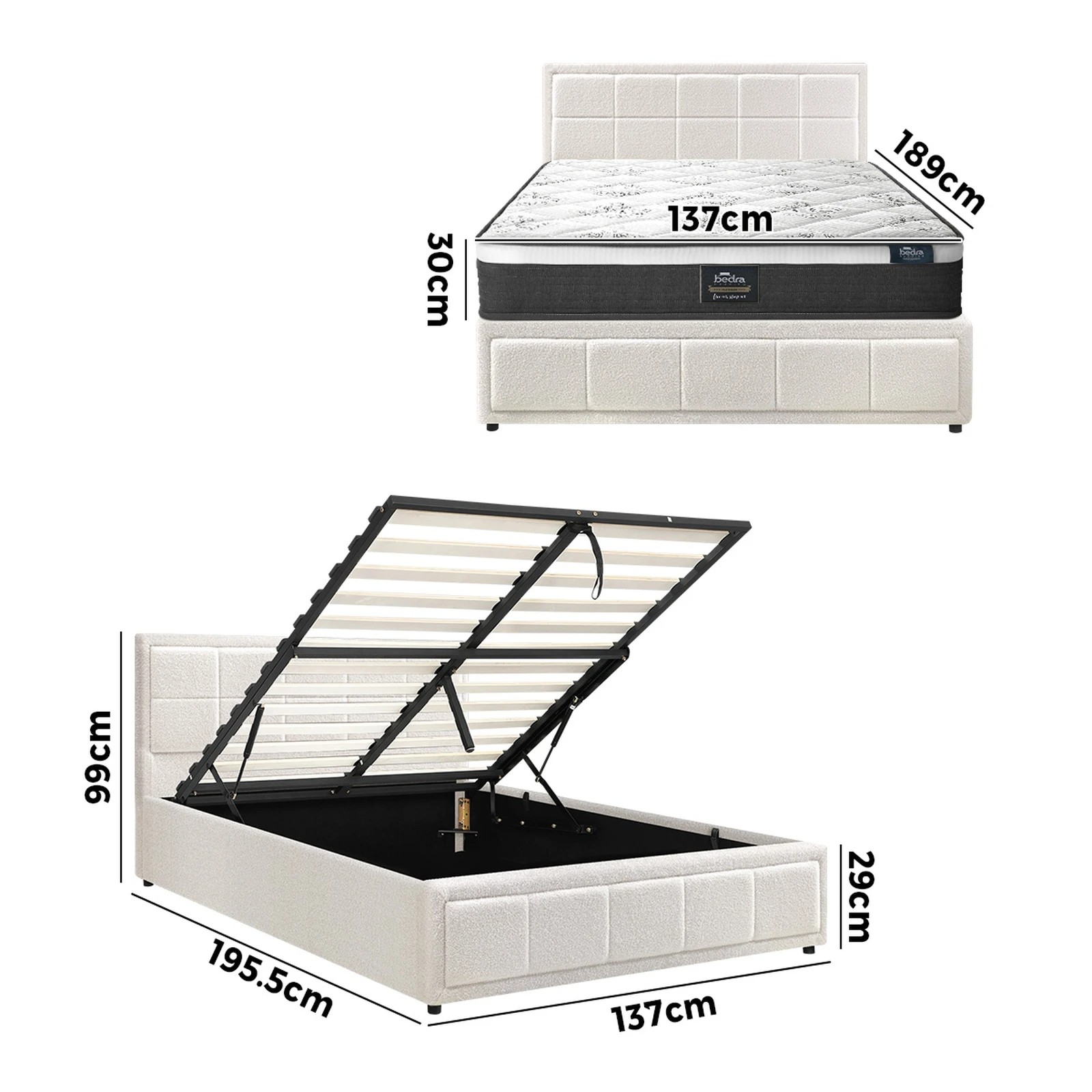 2 Oikiture Bed Frame Double Size Gas Lift Storage With Mattress Set BOSS - White, 2 of 8