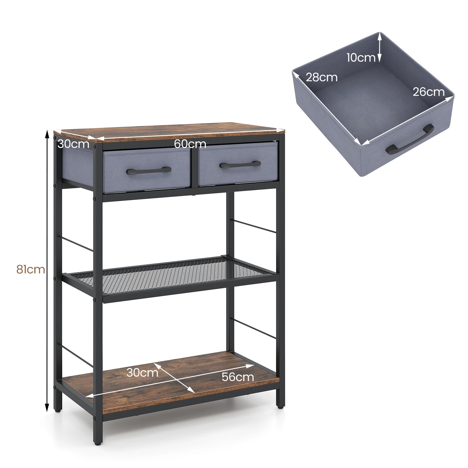 2 Costway 3-Tier Narrow Console Table w/2 Fabric Drawers Behind Sofa Table - Brown, 2 of 6