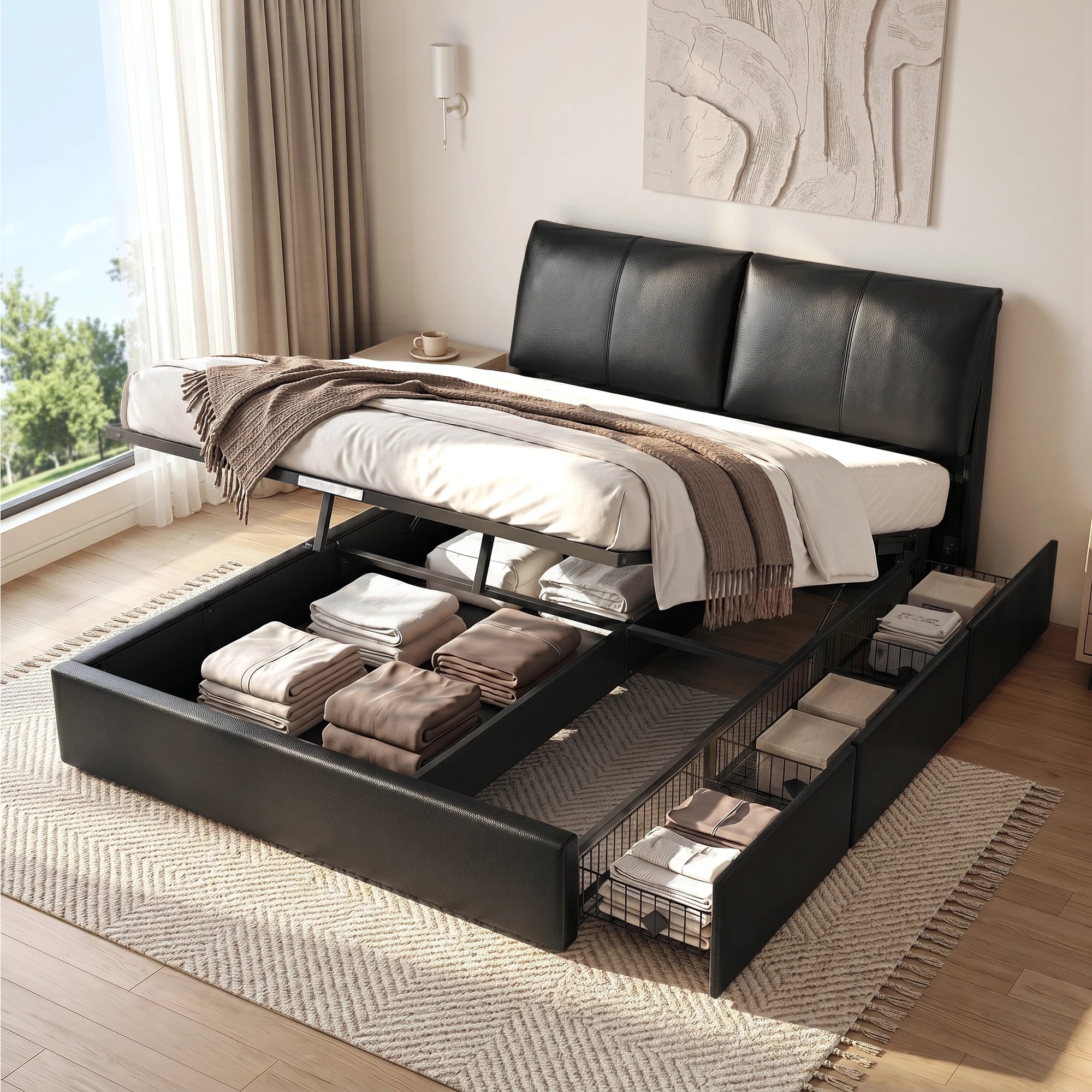 2 Artiss Queen Bed Frame Gas Lift Storage 3 Drawers Adjustable Headboard Platform Bed - Black, 2 of 9