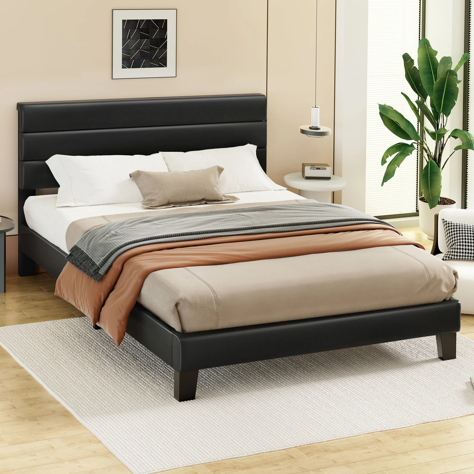 9 Alfordson Bed Frame Queen Size Upholstered Platform Leather Harlene - Black, 9 of 10