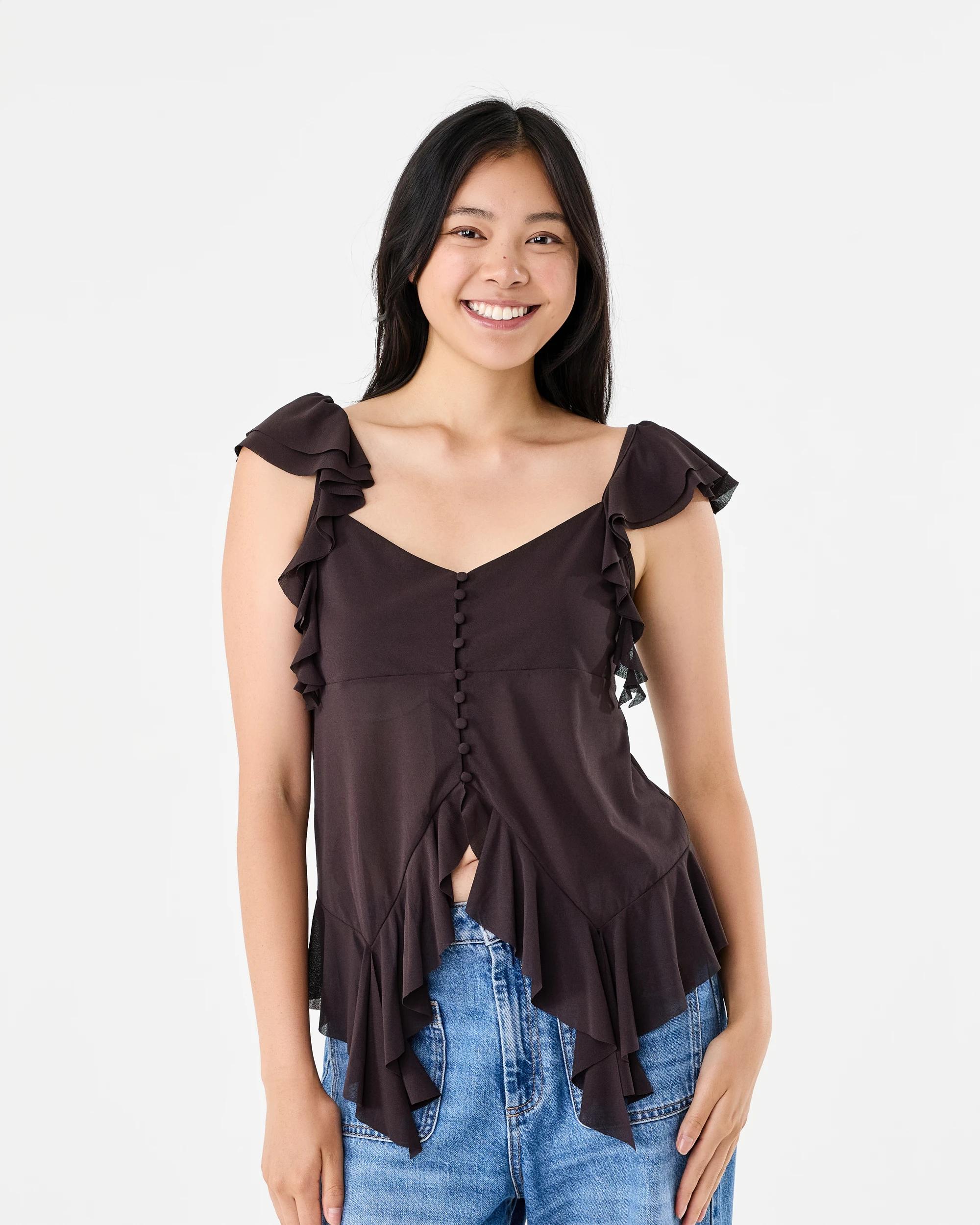 1 Sleeveless Ruffle Top Choc Plum, 1 of 7