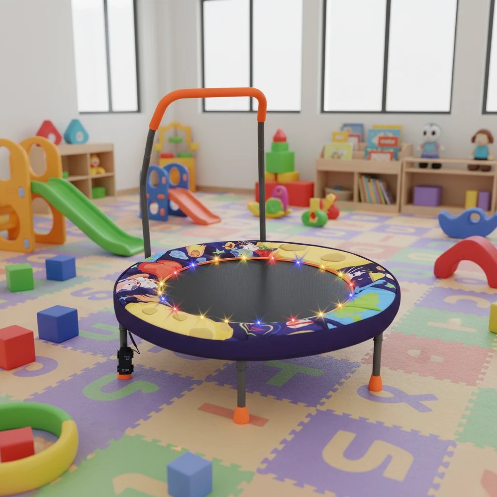 3 Costway Foldable Kids Trampoline Mini Play Bouncer w/20 LED Lights & Foam Handlebar, 3 of 4