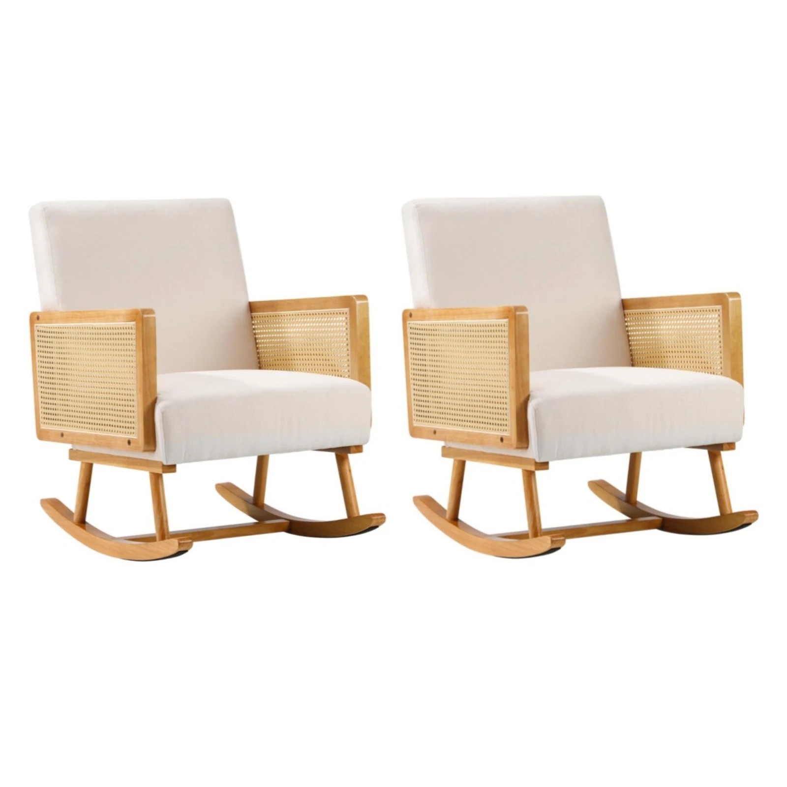 1 Oikiture 2x Rocking Chair Nursing Armchair Linen Accent Chairs PE Rattan - Beige, 1 of 10