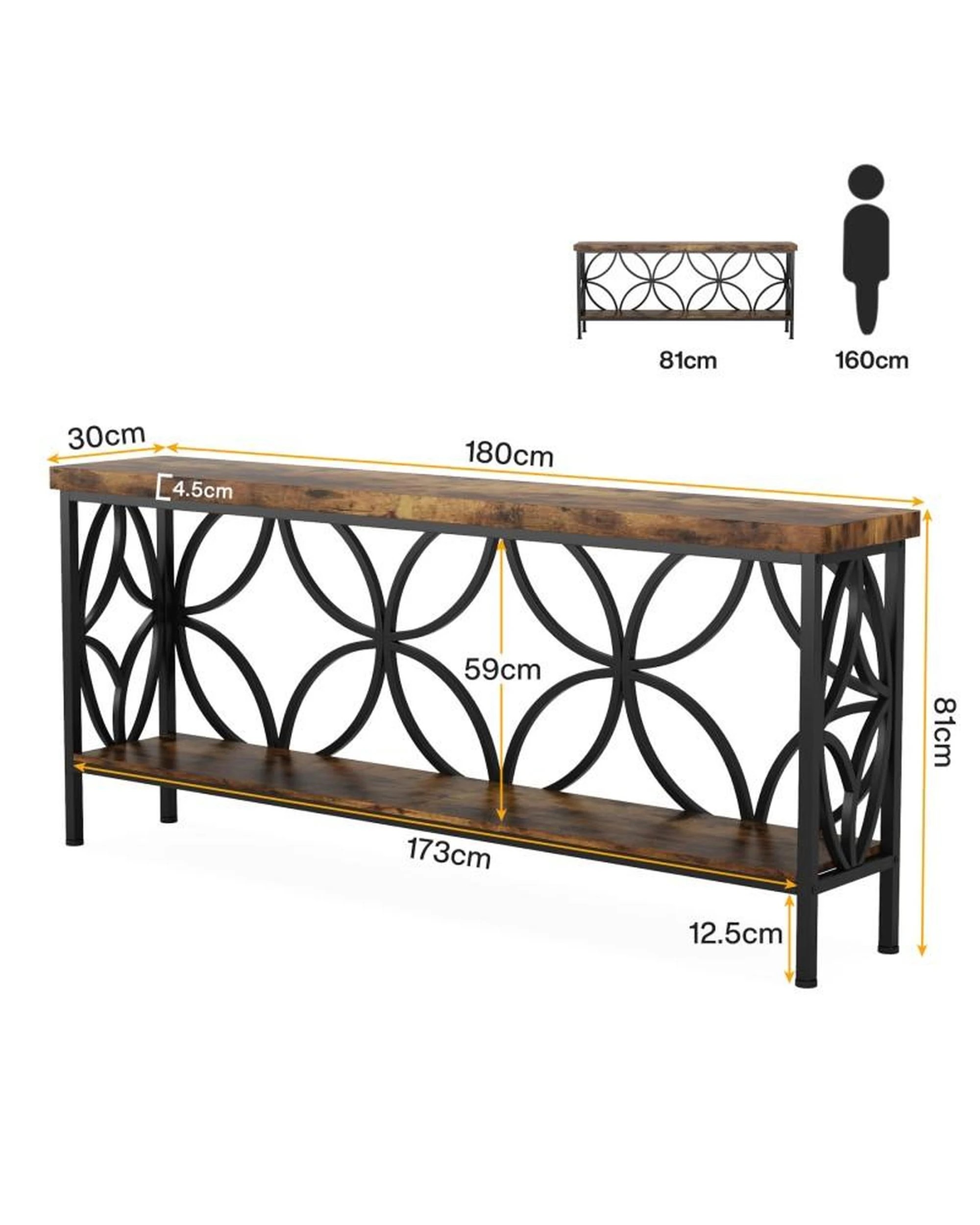 5 OAKORY 180cm Retro Console Table, Hallway Table with Rustic Brown Shelves & Black Metal Frame, 5 of 8