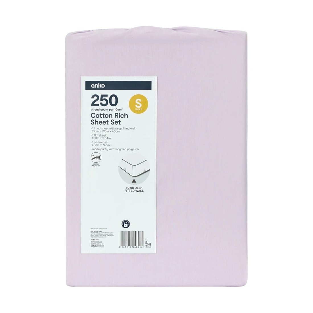 7 250 Thread Count Cotton Rich Sheet Set - Single Bed, Lilac, 7 of 7