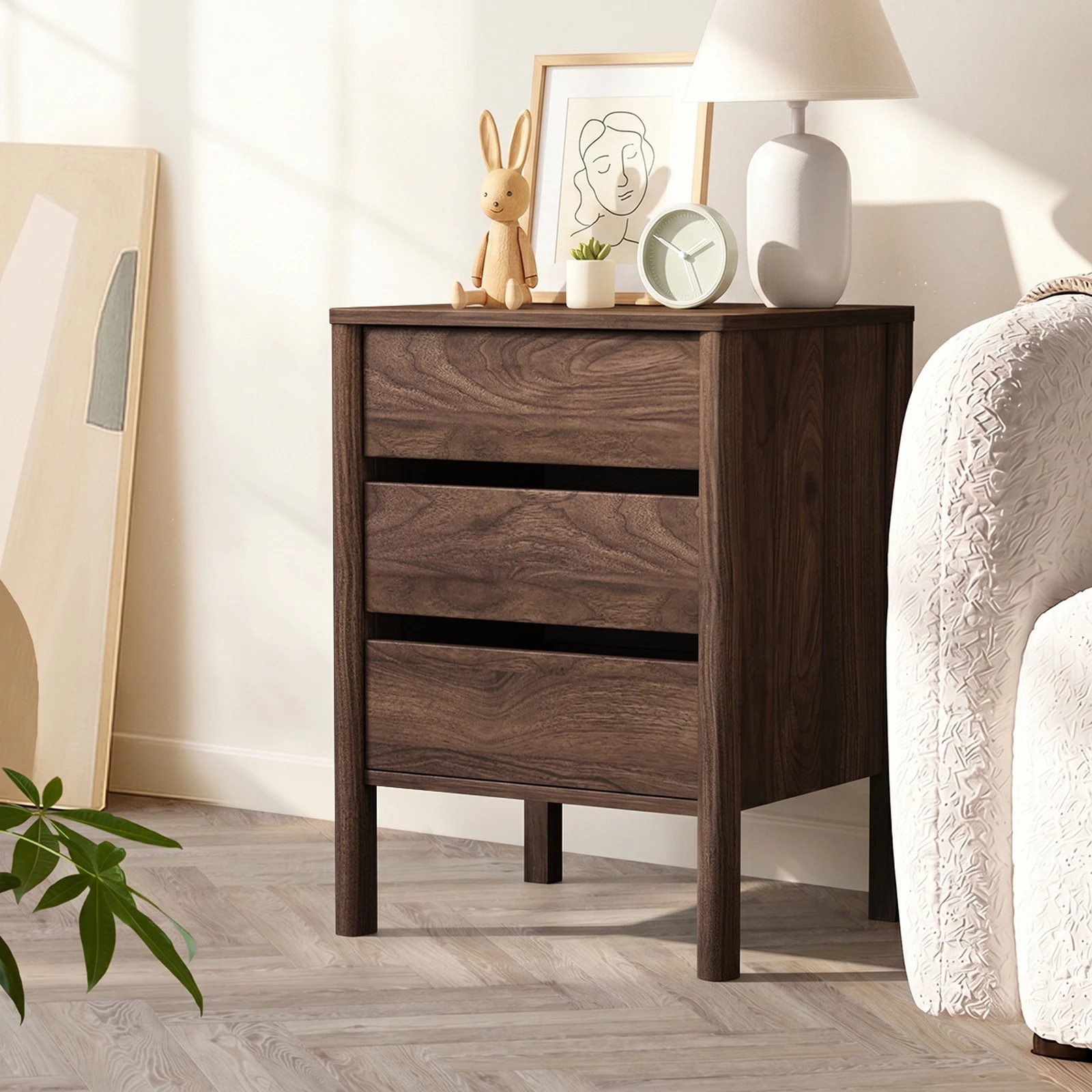 4 Oikiture 2x Bedside Table 3 Drawers Side Table Nightstand Handle-free - Brown, 4 of 9