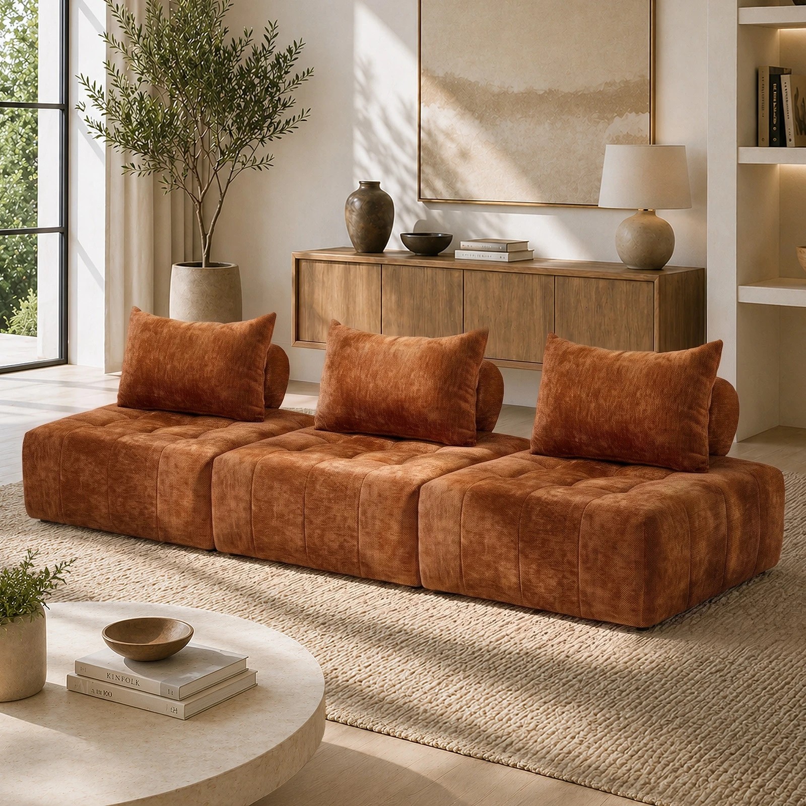 3 Oikiture 3x Chenille Modular Sofa Floor Lounge Chair w/Pillow TOFU Armless Chairs - Brown, 3 of 9