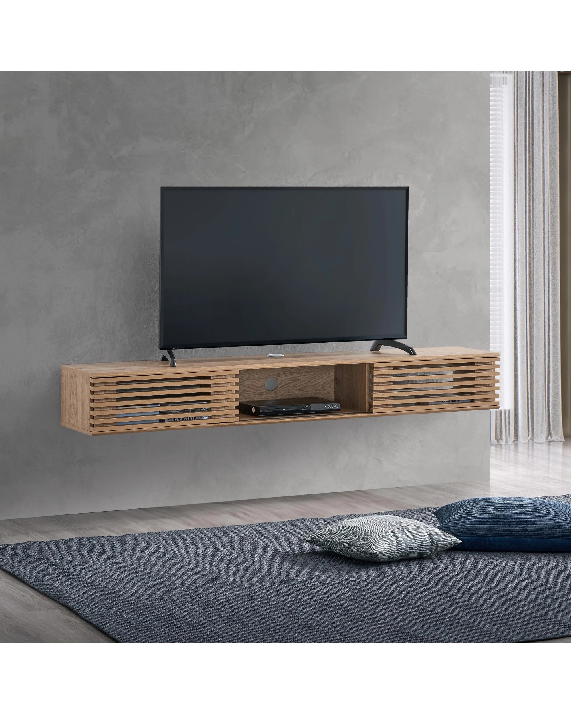 3 Kodu Wall Mount Entertainment TV Unit Floating 2 Doors 180cm Oak - Natural, 3 of 5