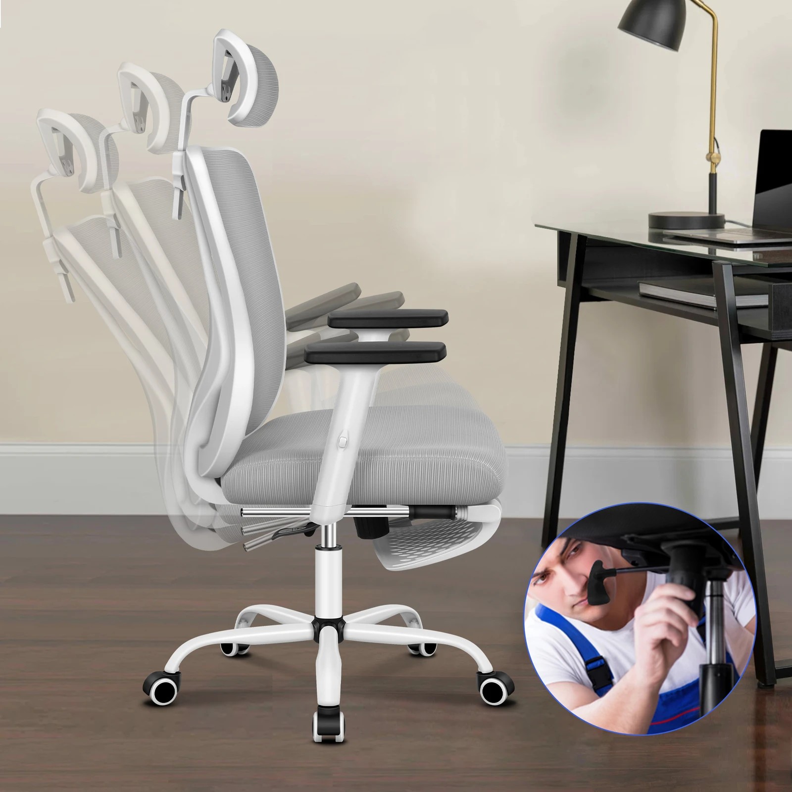 6 Alfordson Office Chair Mesh Ergonomic Executive Seat Work Computer Gaming - Grey White, 6 of 10