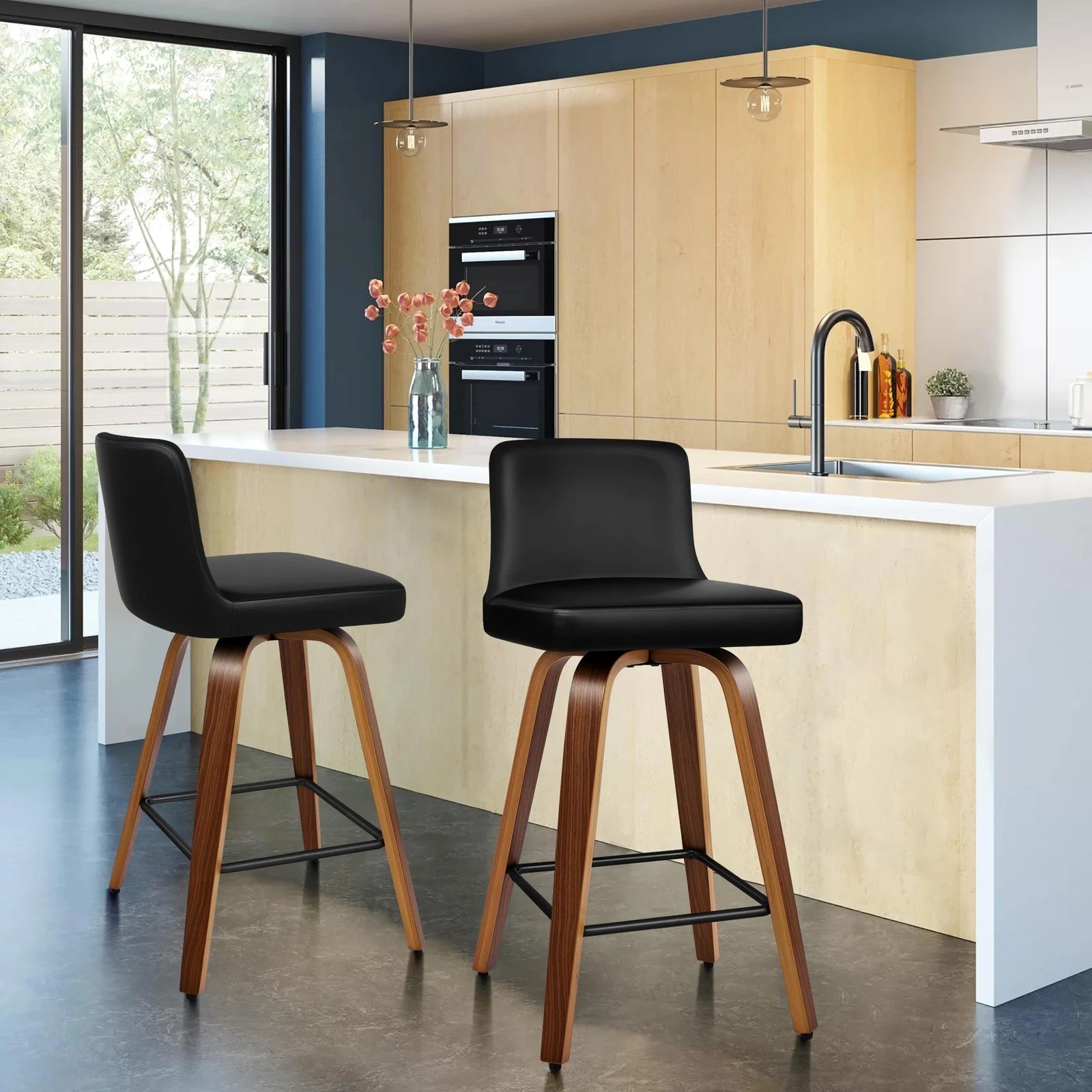 2 Alfordson 2x Swivel Bar Stools Bailey Kitchen Wooden Dining Chair - Black, 2 of 10