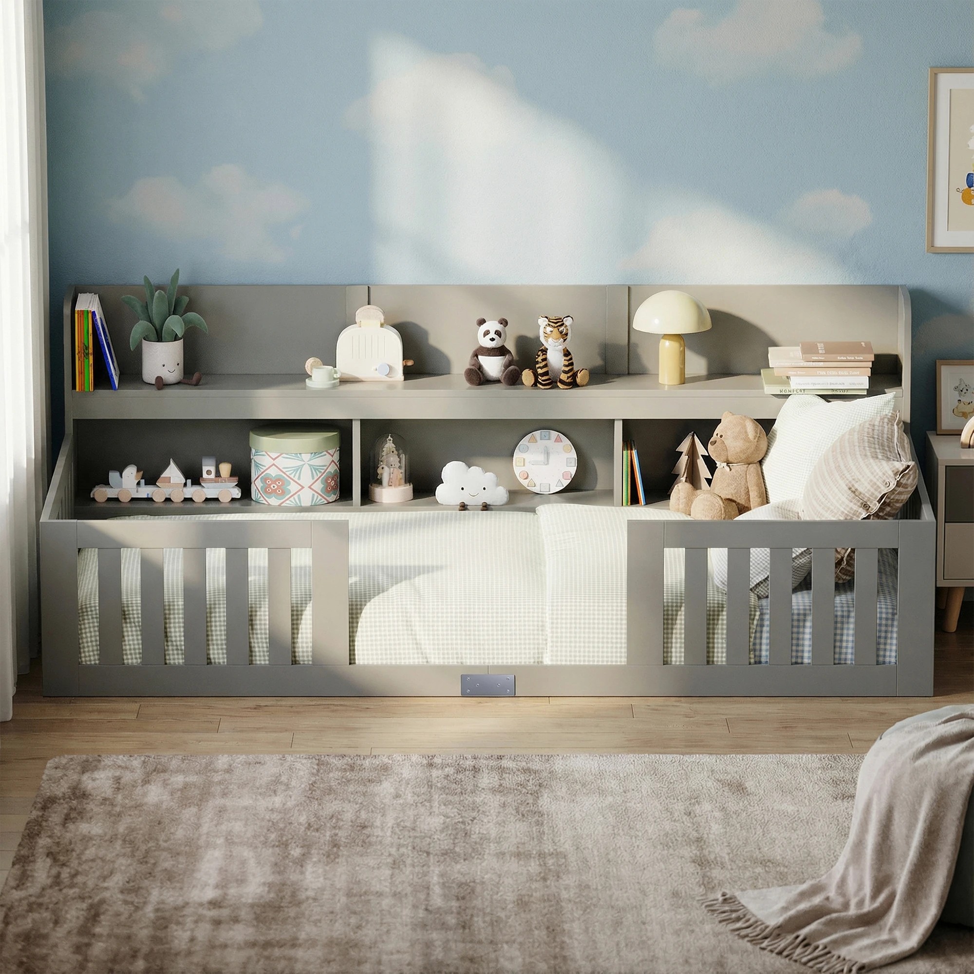 10 Advwin Kids Bed Frame with bookcase Wood Montessori Toddler Floor Bed with Safety Guardrail - Grey, 10 of 10
