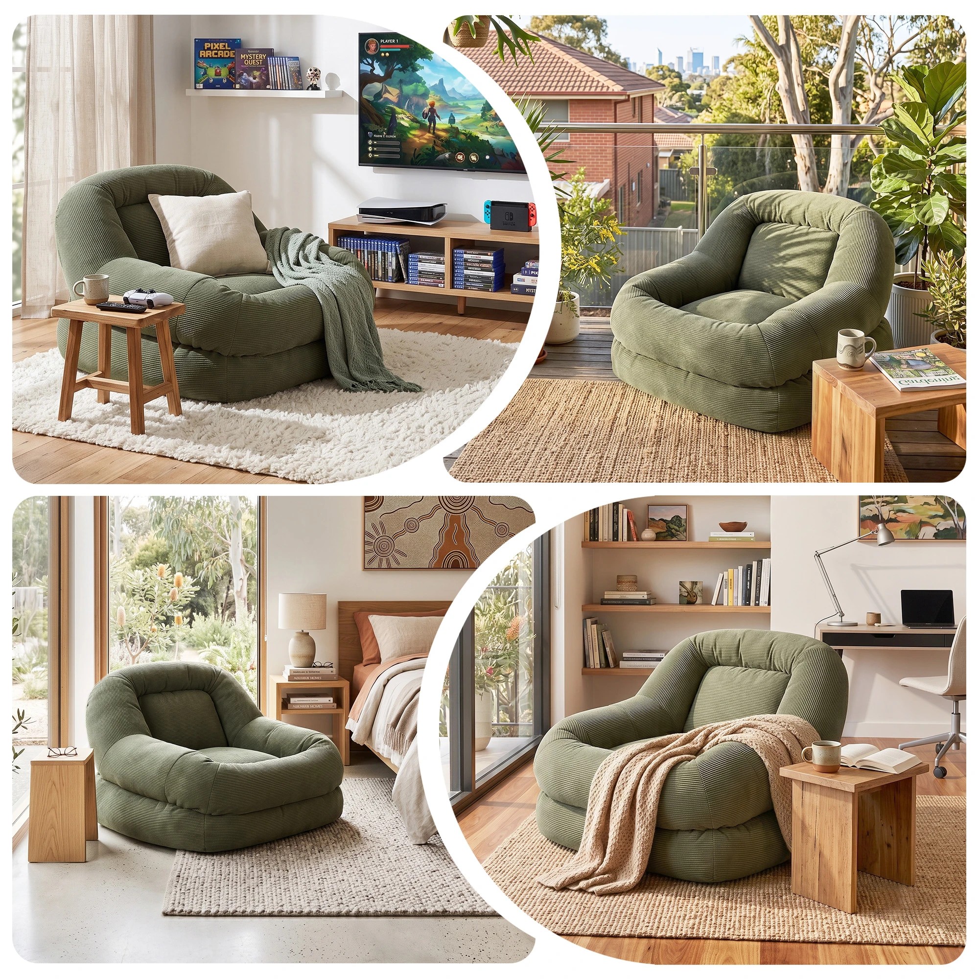 8 Artiss Armchair Floor Lounge Lazy Sofa, Compressed Corduroy Chaise Chair Green - Green, 8 of 8