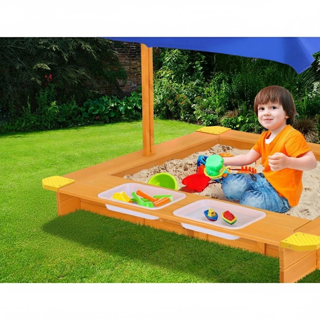 6 Keezi Kids Sandpit Wooden Sandbox Pit with Canopy Water Basin Toys 103cm - Multi, 6 of 6