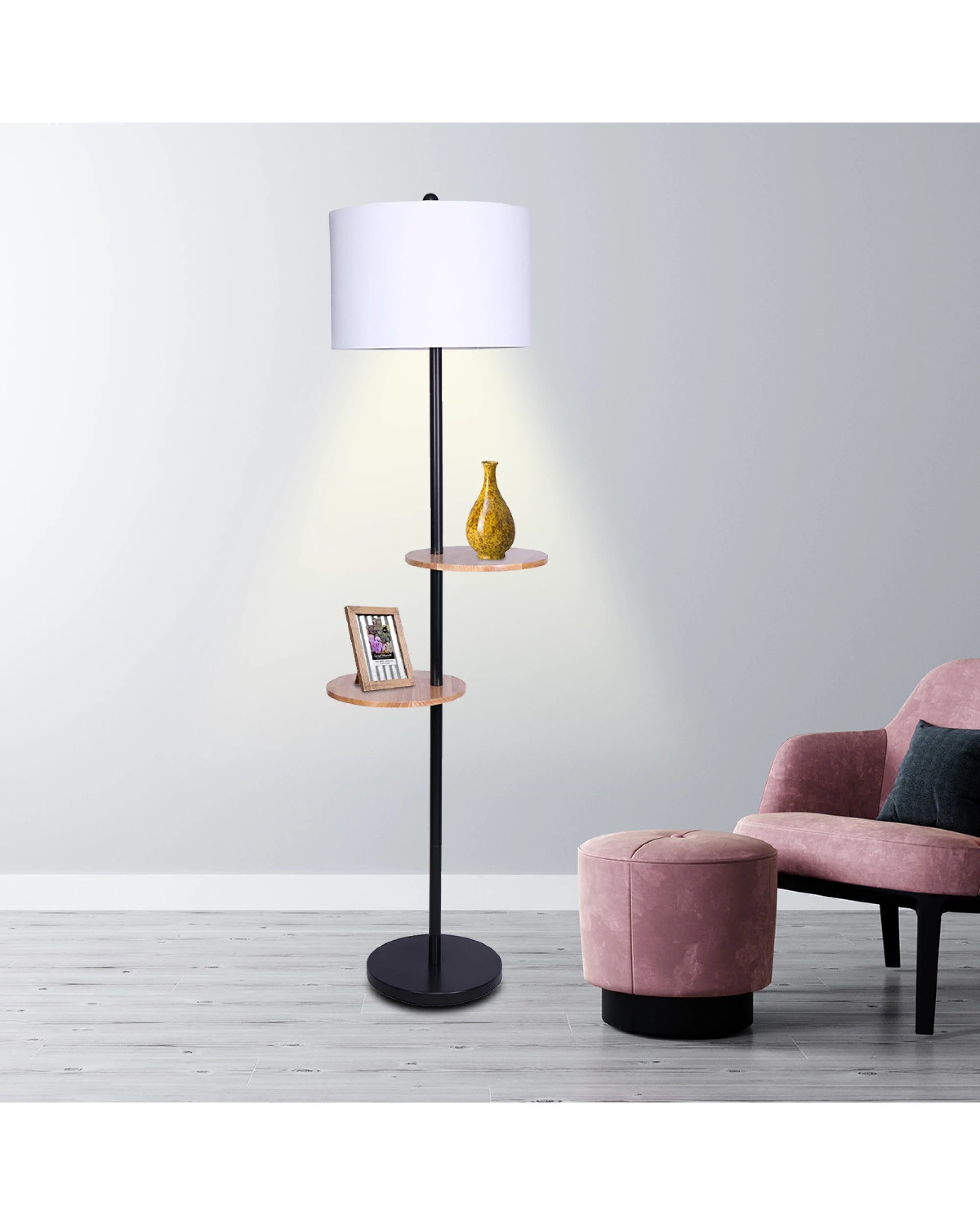 5 Sarantino Metal Floor Lamp Shade With Black Post In Round Wood Shelves, 5 of 6